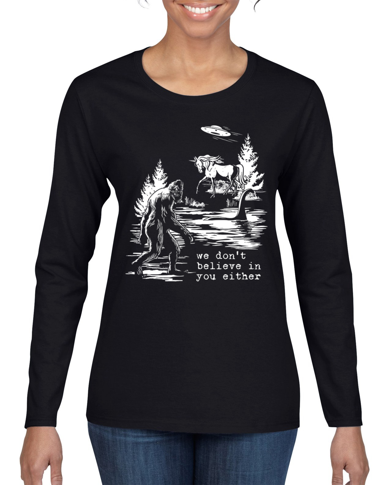 Camiseta We Don't Believe Either Bigfoot Unicorns Mujeres Gráfica Mangas Largas - Imagen 3 de 13