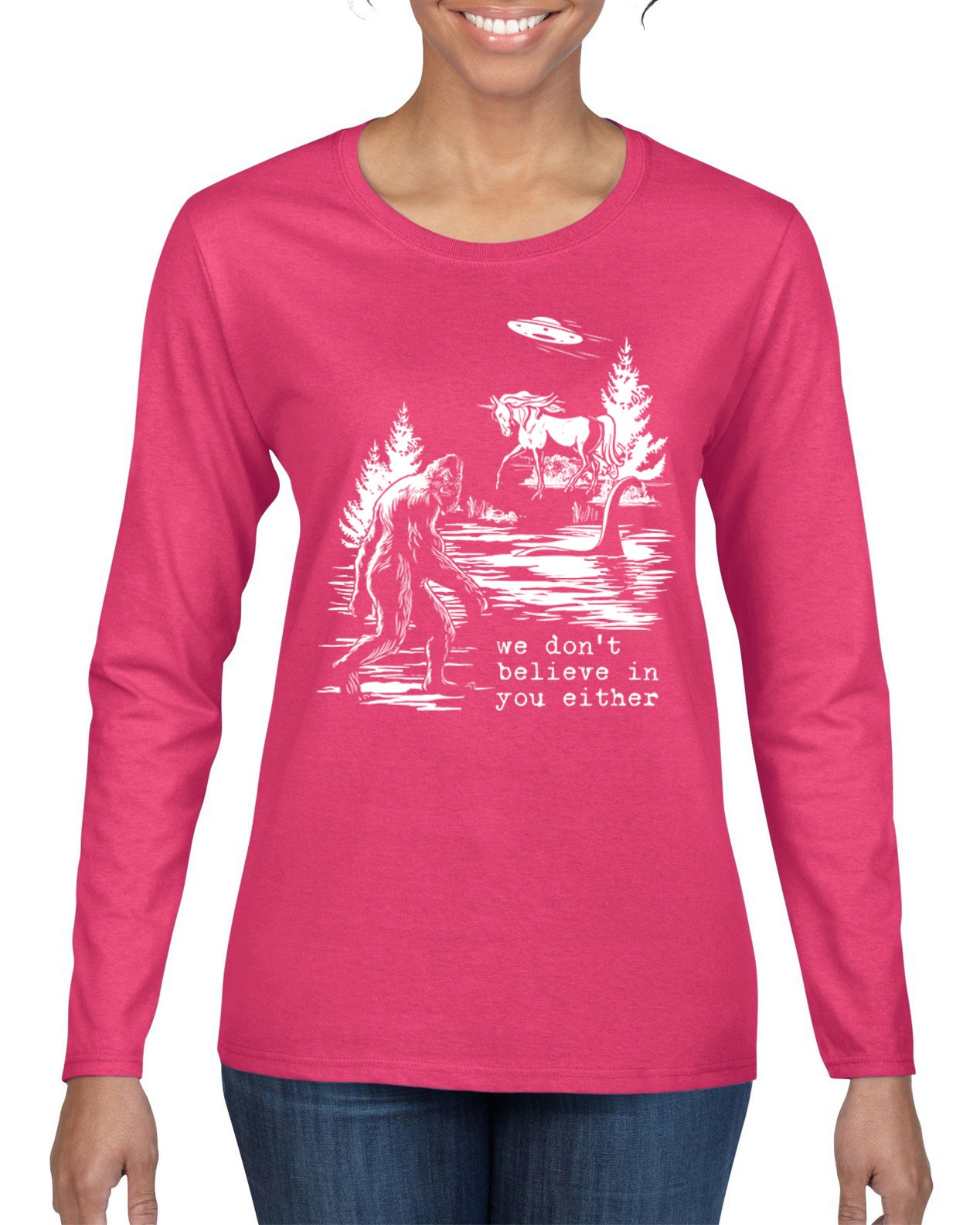 Camiseta We Don't Believe Either Bigfoot Unicorns Mujeres Gráfica Mangas Largas - Imagen 4 de 13
