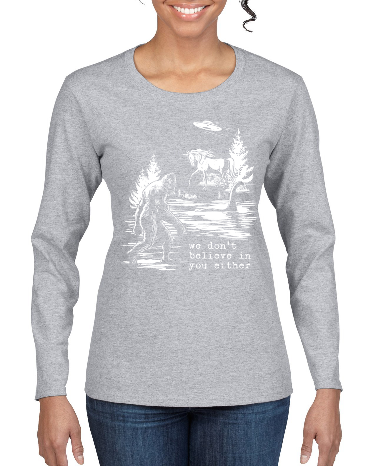 Camiseta We Don't Believe Either Bigfoot Unicorns Mujeres Gráfica Mangas Largas - Imagen 5 de 13