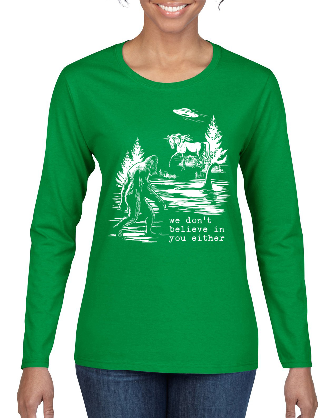 Camiseta We Don't Believe Either Bigfoot Unicorns Mujeres Gráfica Mangas Largas - Imagen 6 de 13