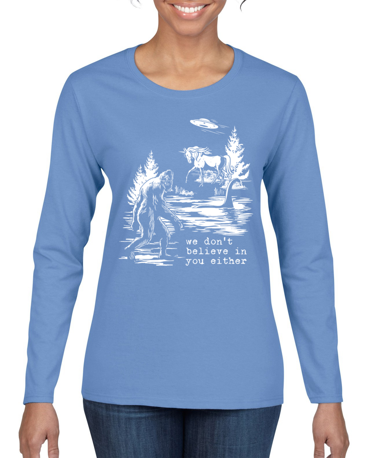 Camiseta We Don't Believe Either Bigfoot Unicorns Mujeres Gráfica Mangas Largas - Imagen 13 de 13