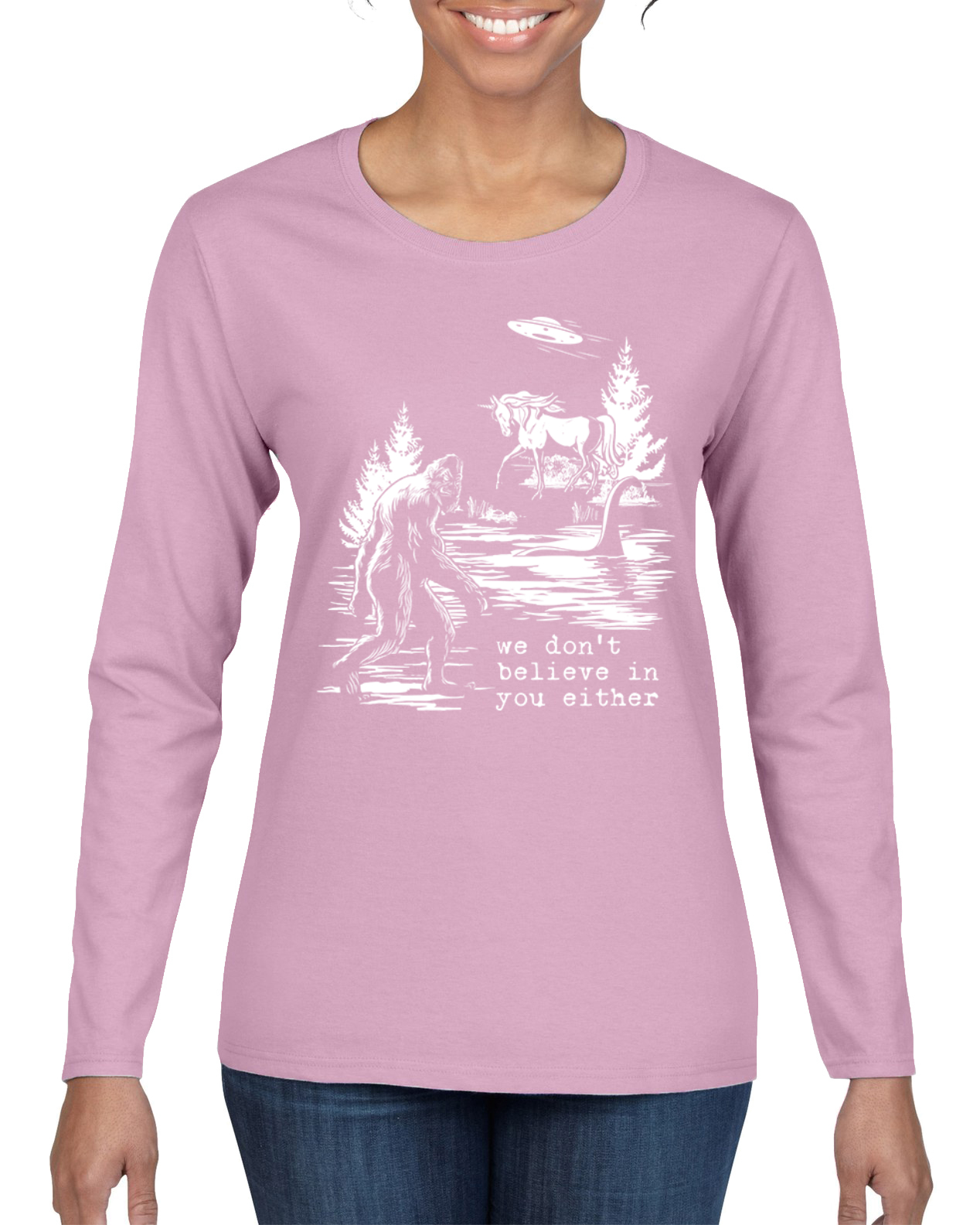 Camiseta We Don't Believe Either Bigfoot Unicorns Mujeres Gráfica Mangas Largas - Imagen 7 de 13