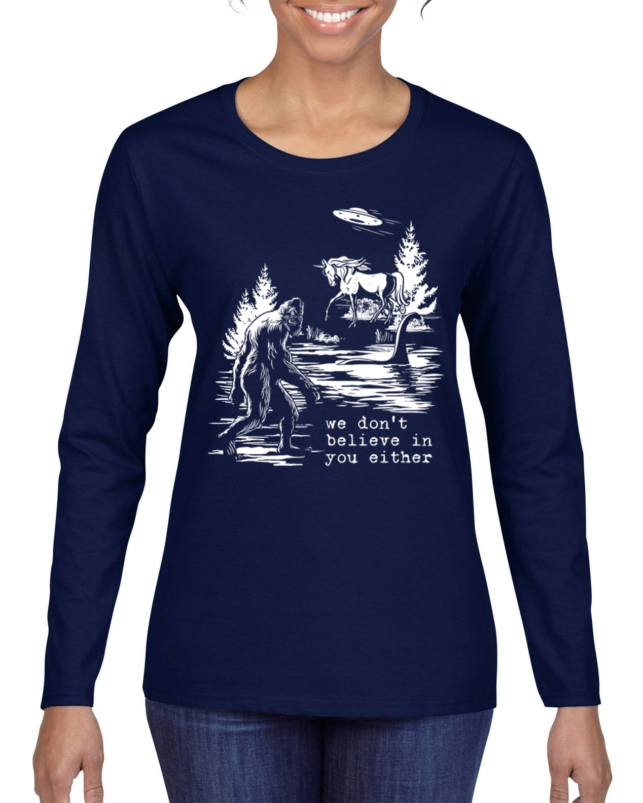 Camiseta We Don't Believe Either Bigfoot Unicorns Mujeres Gráfica Mangas Largas - Imagen 8 de 13