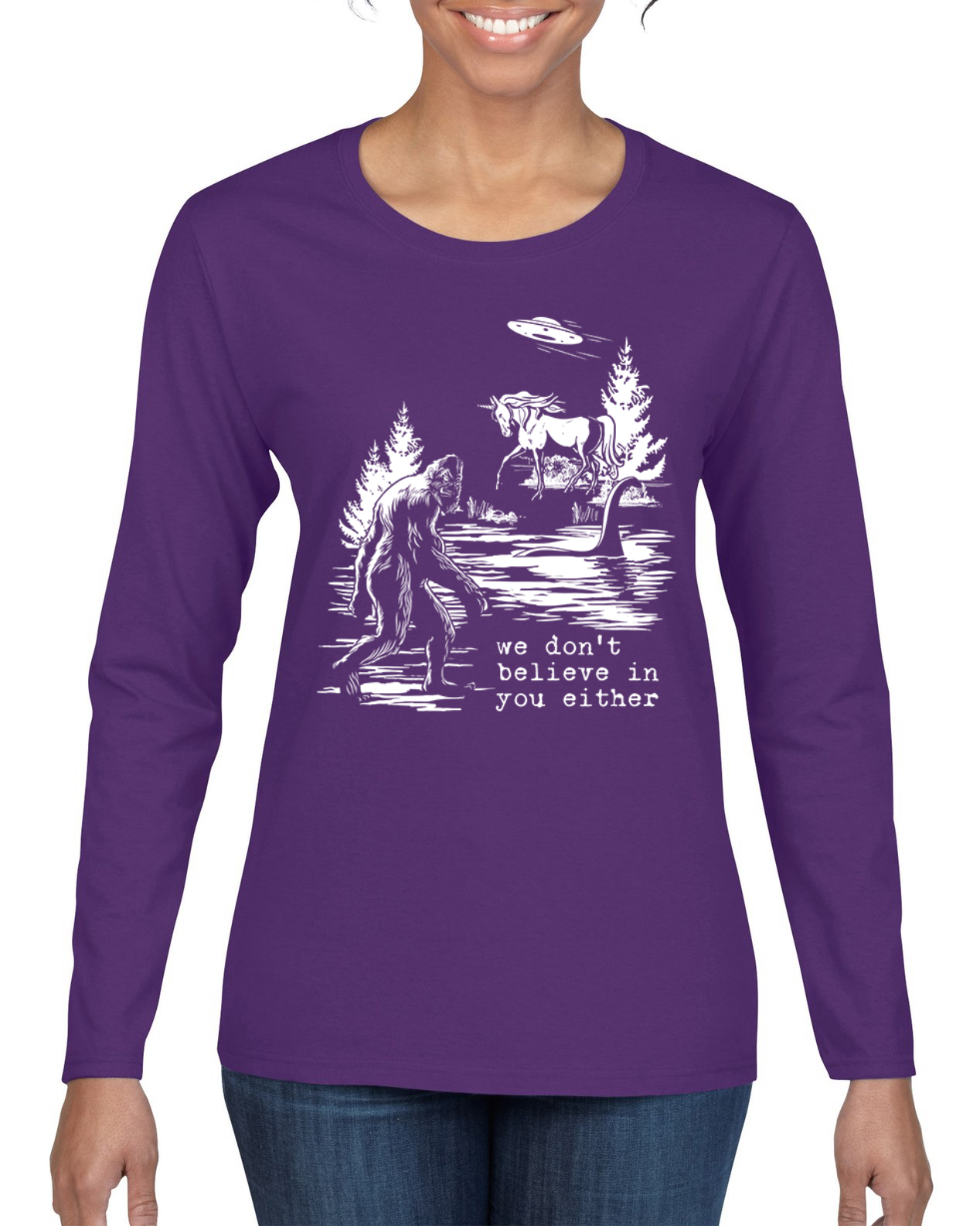 Camiseta We Don't Believe Either Bigfoot Unicorns Mujeres Gráfica Mangas Largas - Imagen 9 de 13