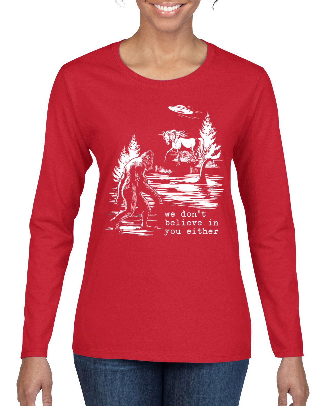 Camiseta We Don't Believe Either Bigfoot Unicorns Mujeres Gráfica Mangas Largas - Imagen 10 de 13