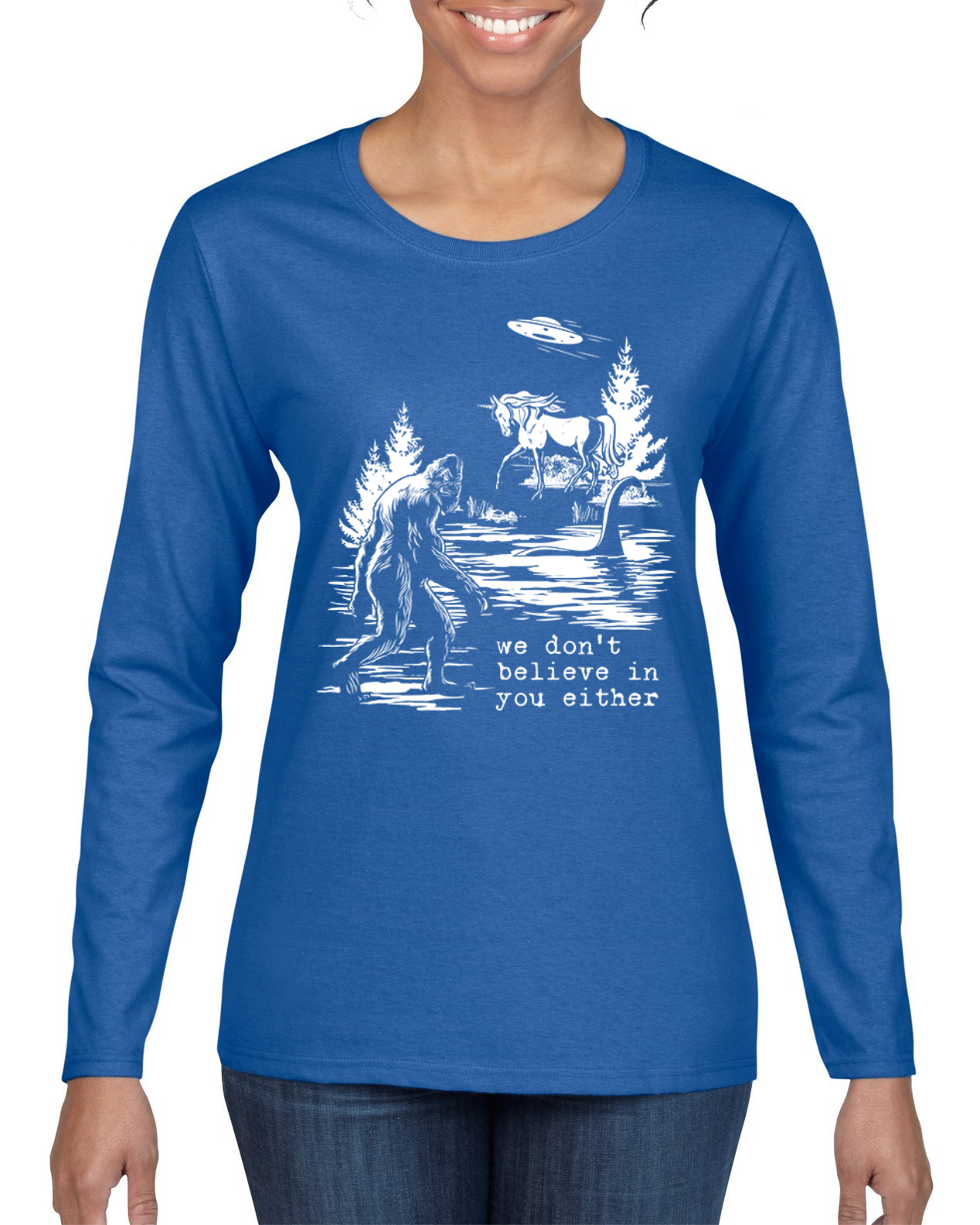 Camiseta We Don't Believe Either Bigfoot Unicorns Mujeres Gráfica Mangas Largas - Imagen 11 de 13