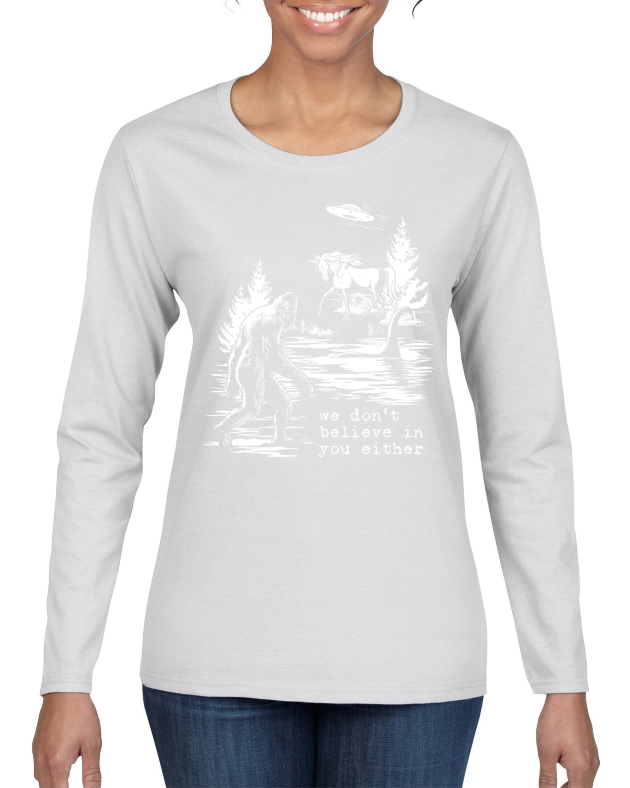 Camiseta We Don't Believe Either Bigfoot Unicorns Mujeres Gráfica Mangas Largas - Imagen 12 de 13