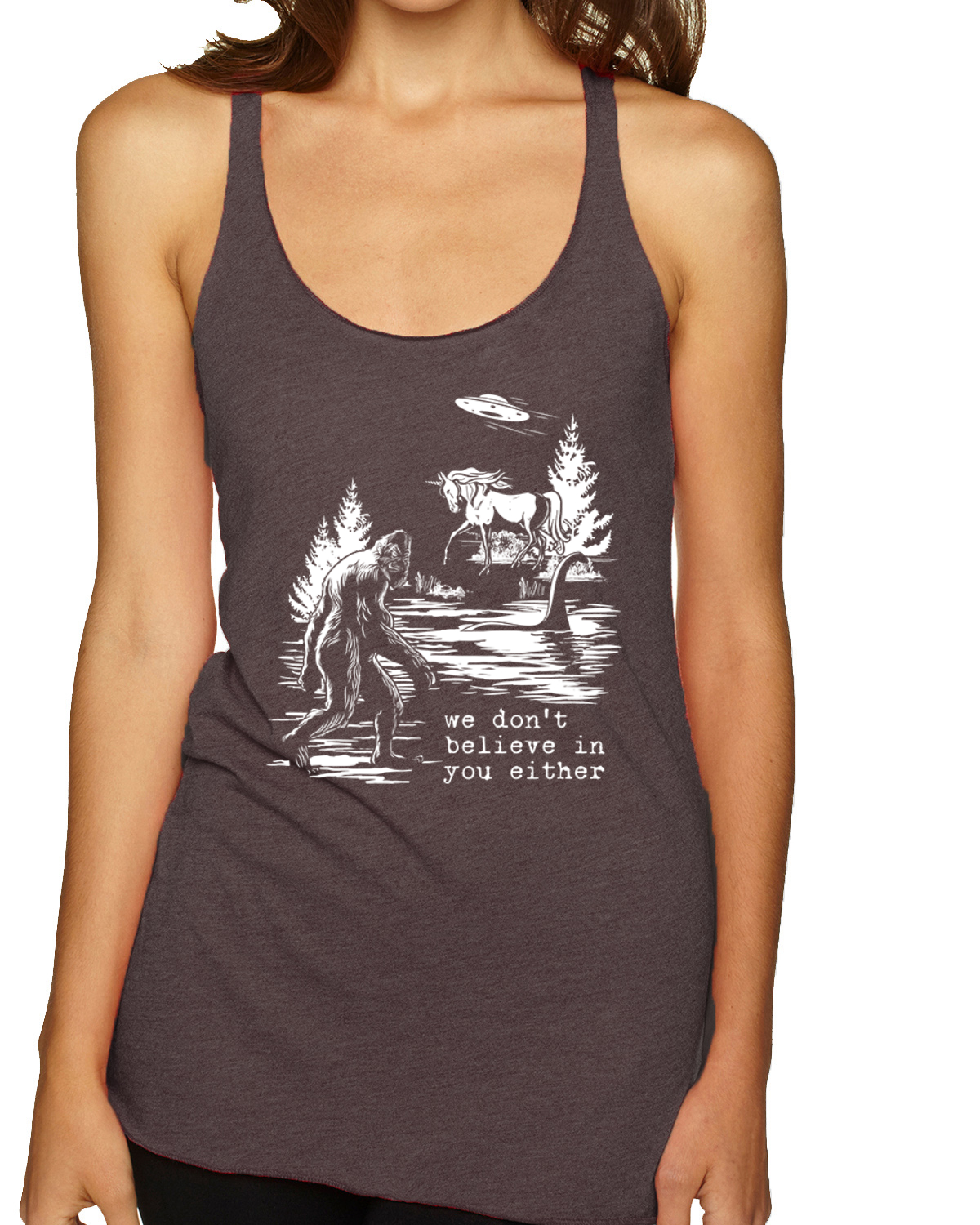 Camiseta sin mangas We Don't Believe Either Bigfoot Unicorns Tri-Blend Racerback - Imagen 3 de 16