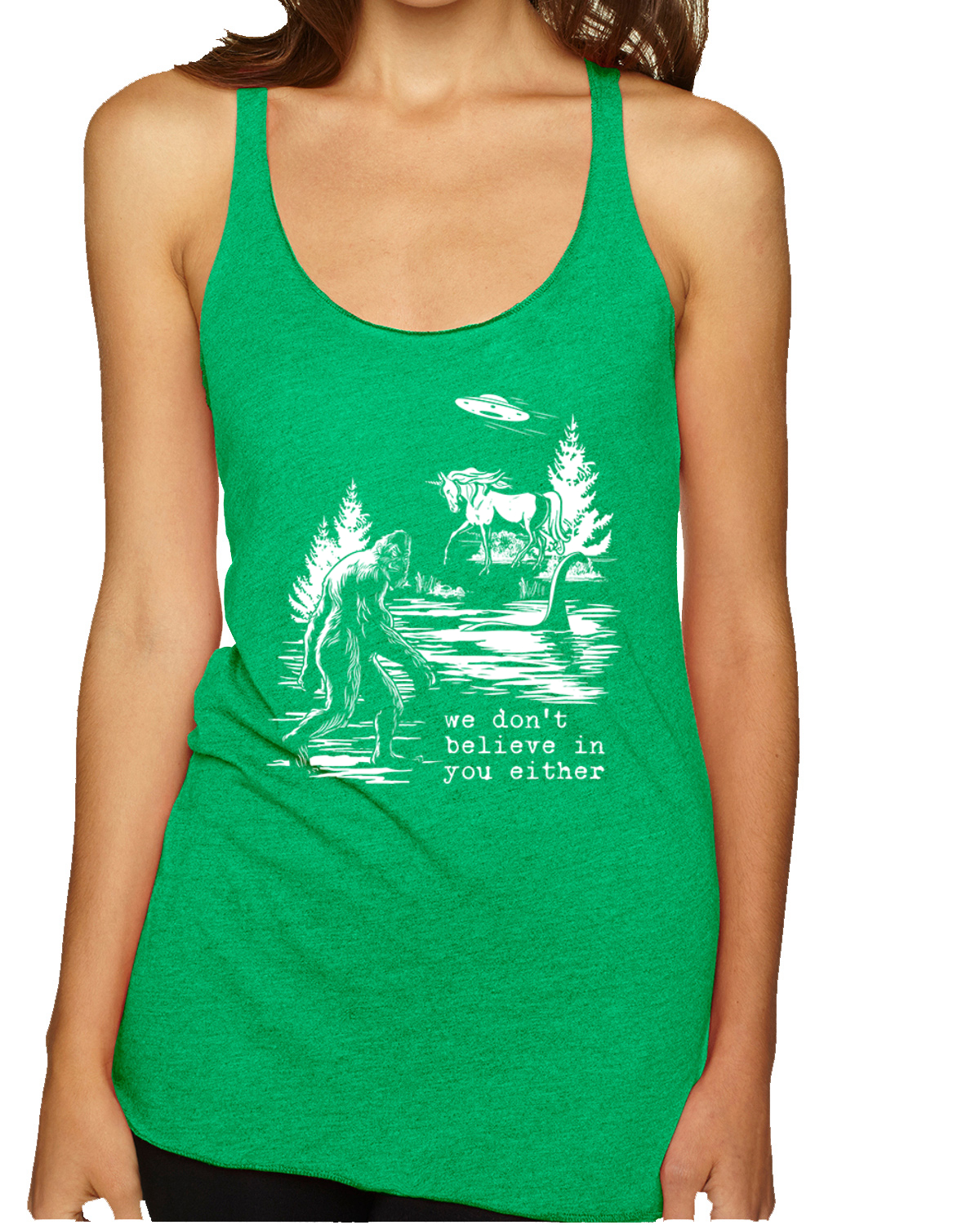 Camiseta sin mangas We Don't Believe Either Bigfoot Unicorns Tri-Blend Racerback - Imagen 6 de 16