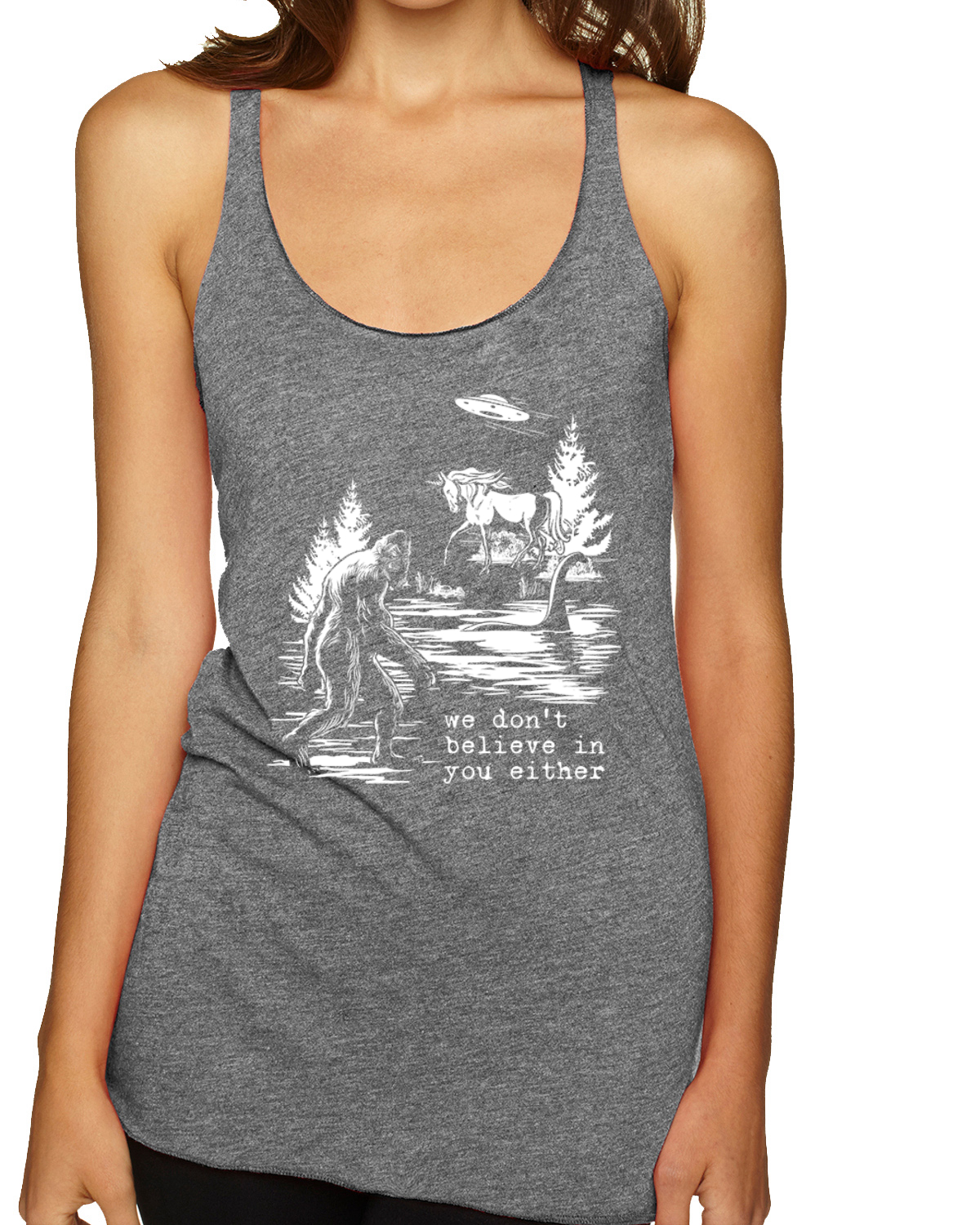 Camiseta sin mangas We Don't Believe Either Bigfoot Unicorns Tri-Blend Racerback - Imagen 8 de 16