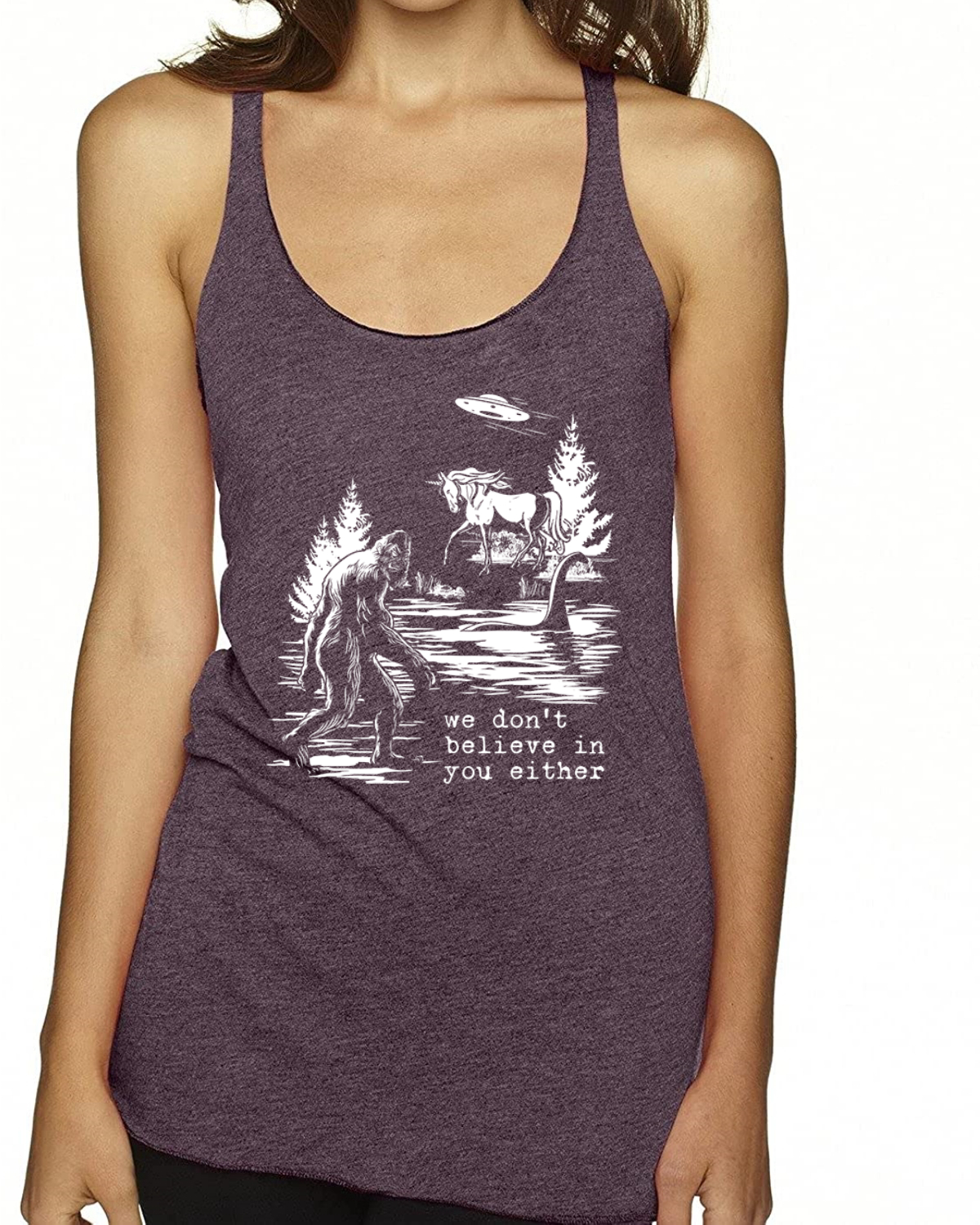 Camiseta sin mangas We Don't Believe Either Bigfoot Unicorns Tri-Blend Racerback - Imagen 16 de 16