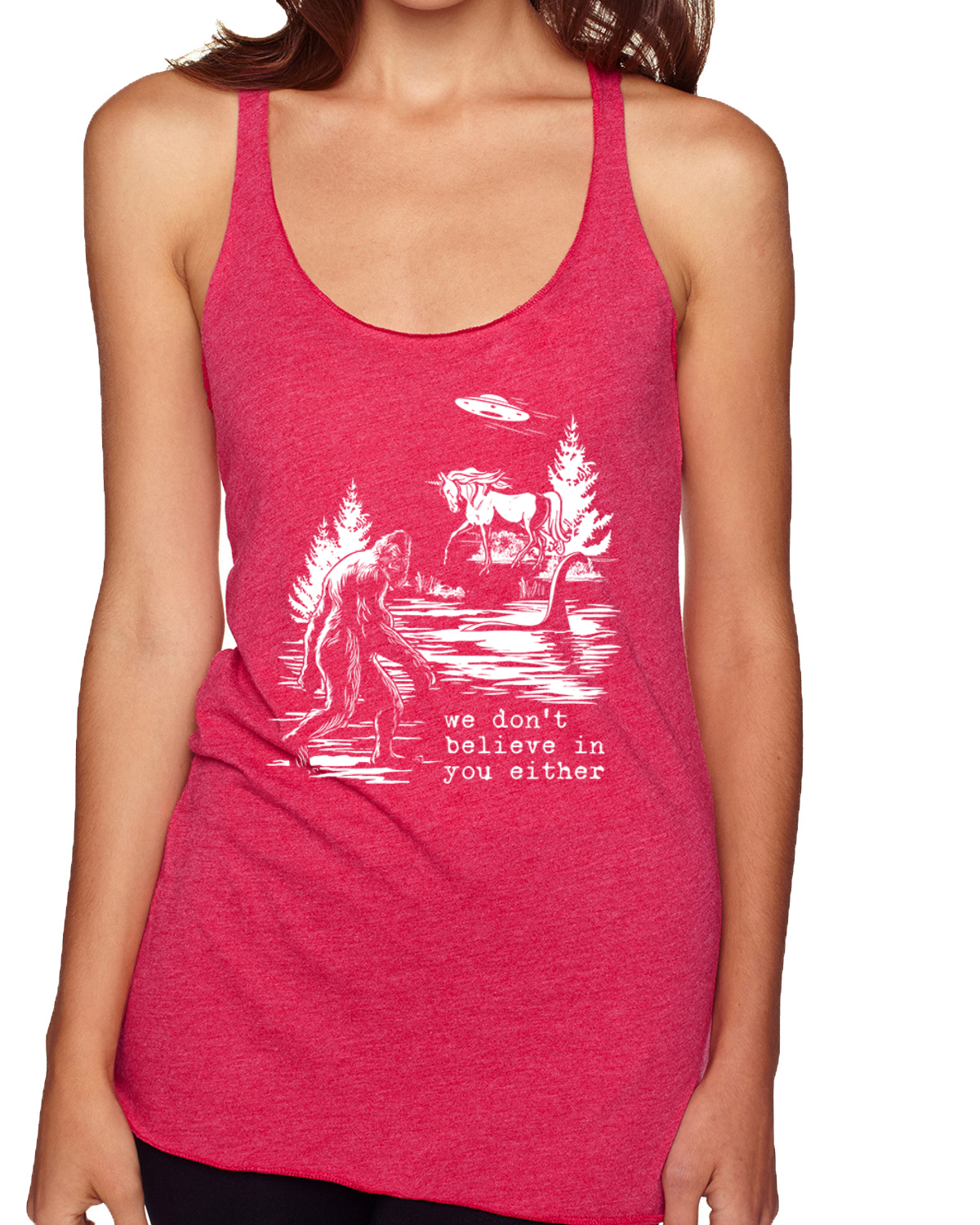 Camiseta sin mangas We Don't Believe Either Bigfoot Unicorns Tri-Blend Racerback - Imagen 14 de 16