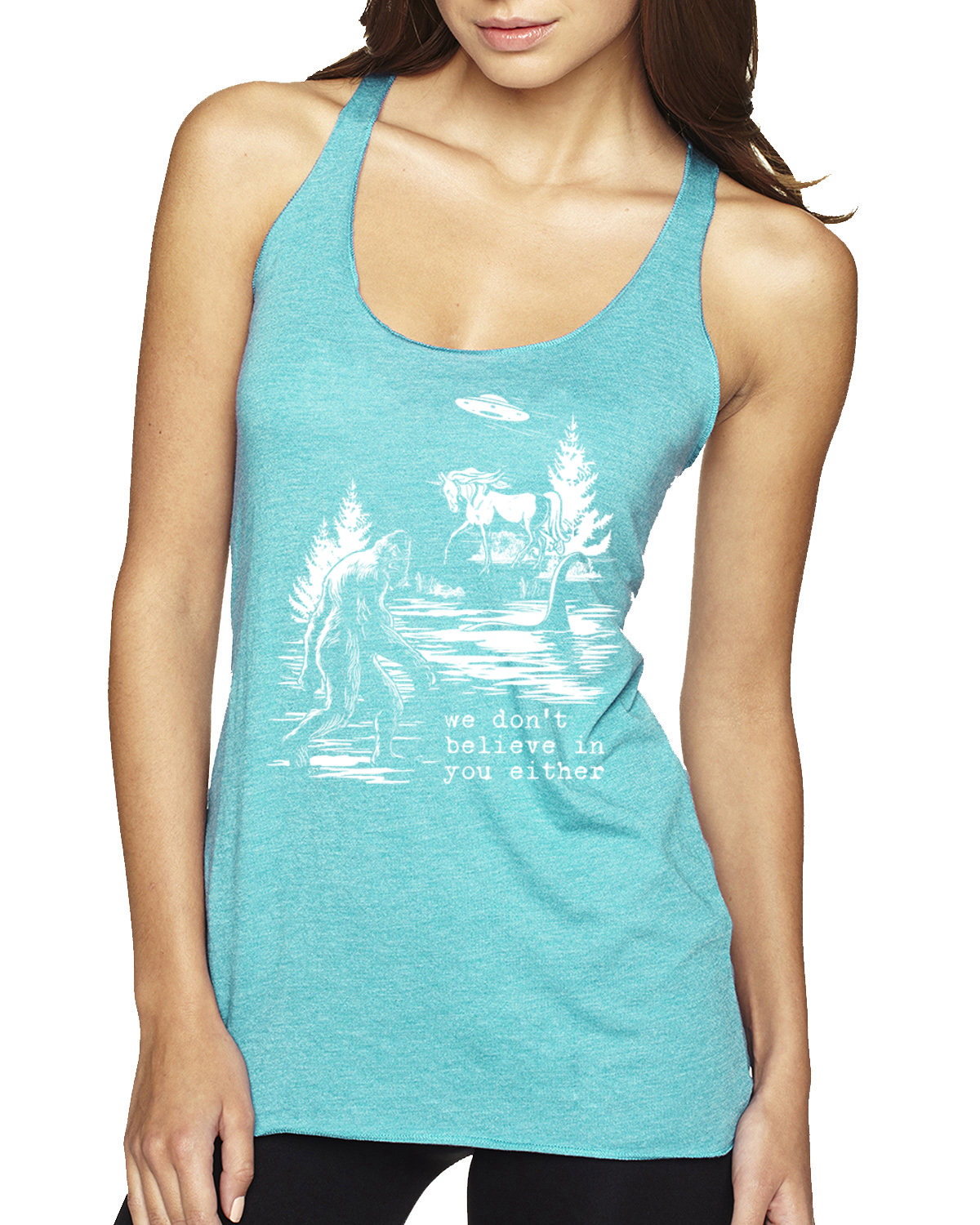 Camiseta sin mangas We Don't Believe Either Bigfoot Unicorns Tri-Blend Racerback - Imagen 5 de 16