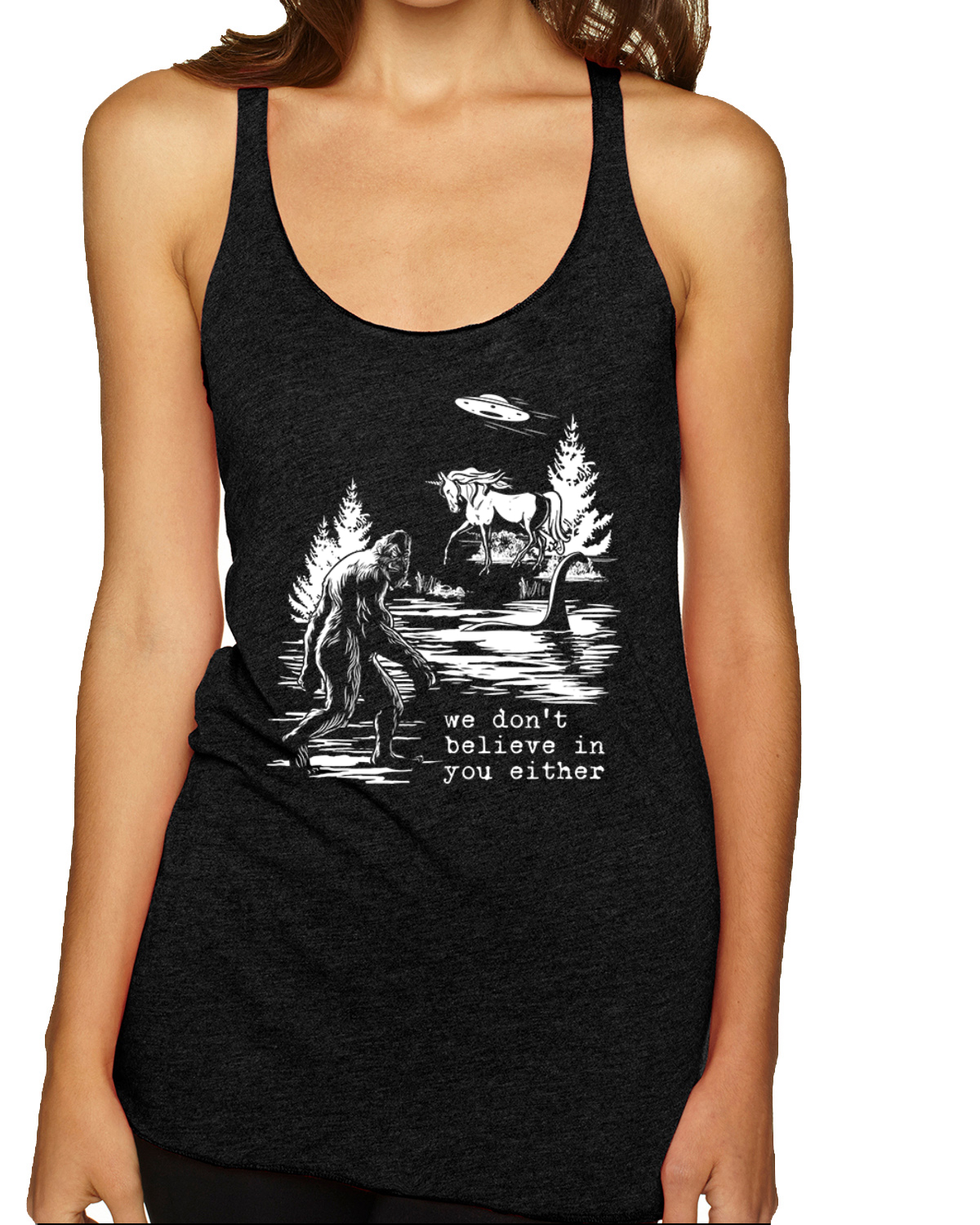 Camiseta sin mangas We Don't Believe Either Bigfoot Unicorns Tri-Blend Racerback - Imagen 9 de 16