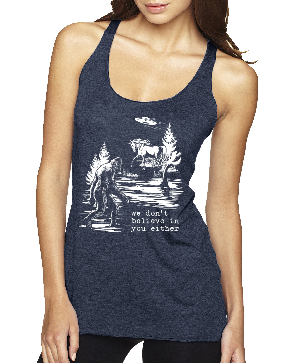 Camiseta sin mangas We Don't Believe Either Bigfoot Unicorns Tri-Blend Racerback - Imagen 10 de 16