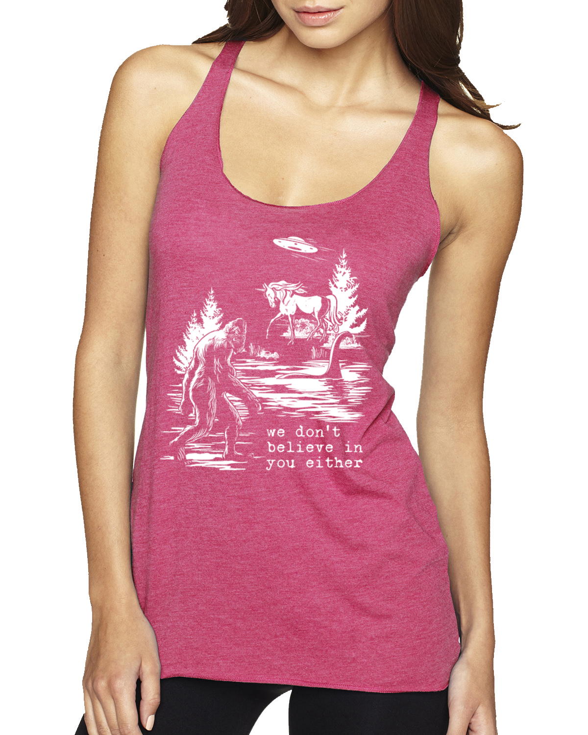 Camiseta sin mangas We Don't Believe Either Bigfoot Unicorns Tri-Blend Racerback - Imagen 15 de 16
