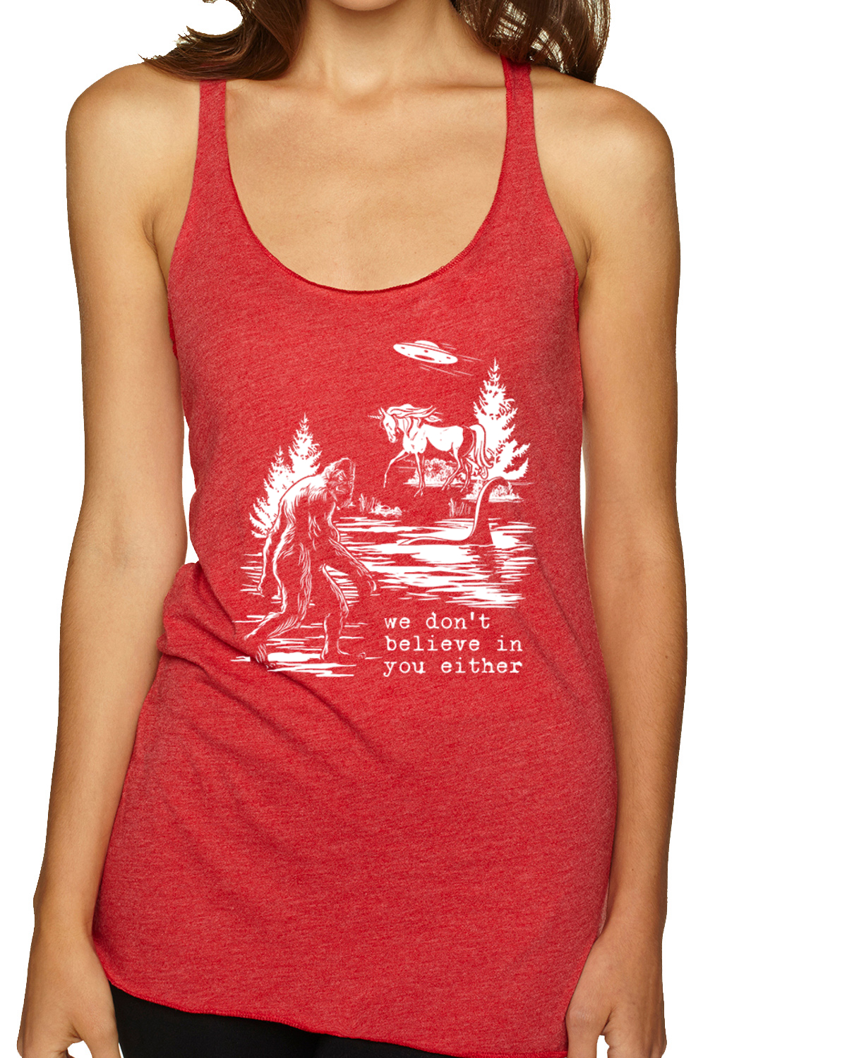 Camiseta sin mangas We Don't Believe Either Bigfoot Unicorns Tri-Blend Racerback - Imagen 11 de 16