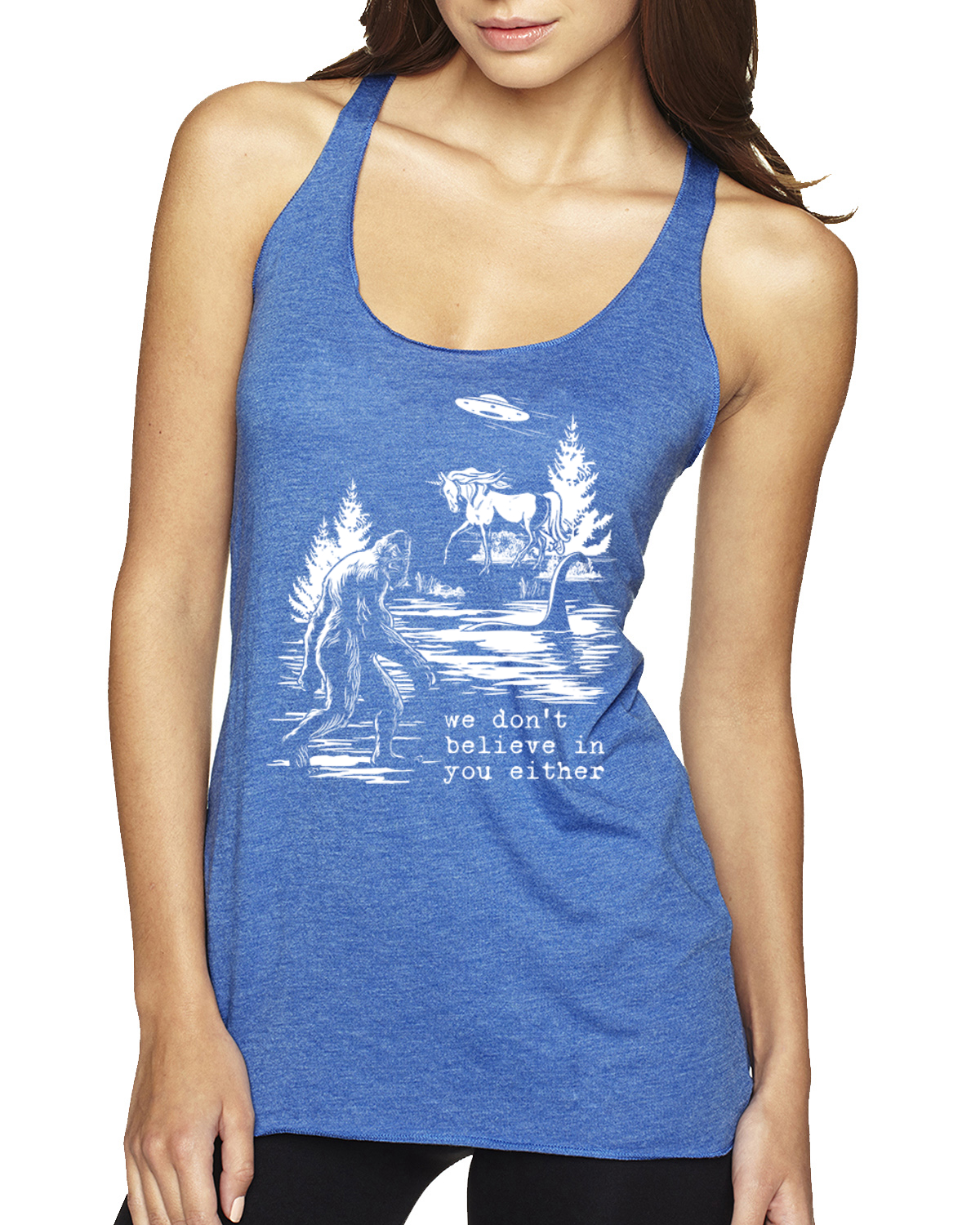 Camiseta sin mangas We Don't Believe Either Bigfoot Unicorns Tri-Blend Racerback - Imagen 12 de 16