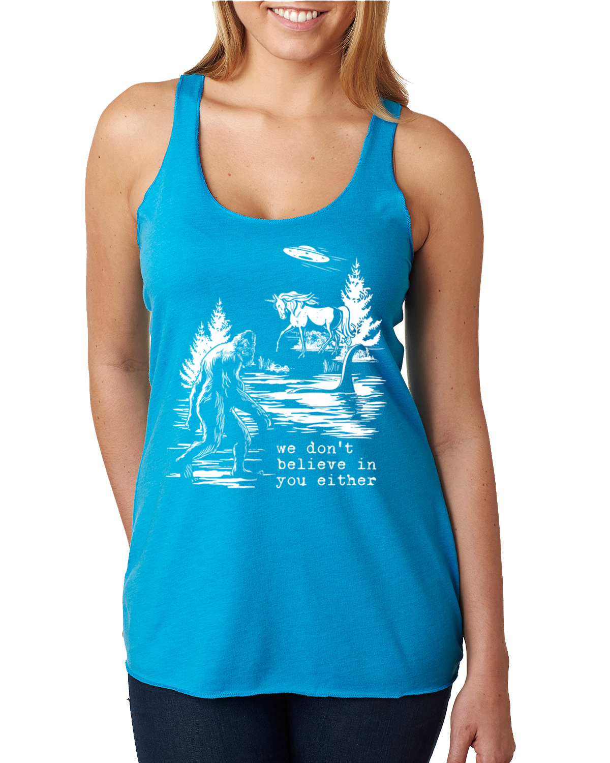 Camiseta sin mangas We Don't Believe Either Bigfoot Unicorns Tri-Blend Racerback - Imagen 13 de 16