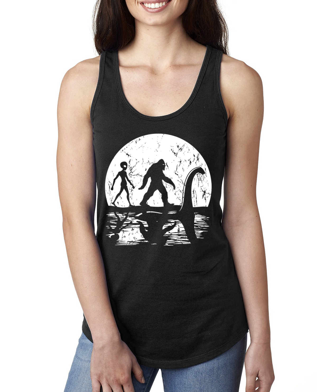 Moon Silhoutte Bigfoot Shadow Big 3 Myths Ladies Racerback Tank Top - Picture 3 of 15