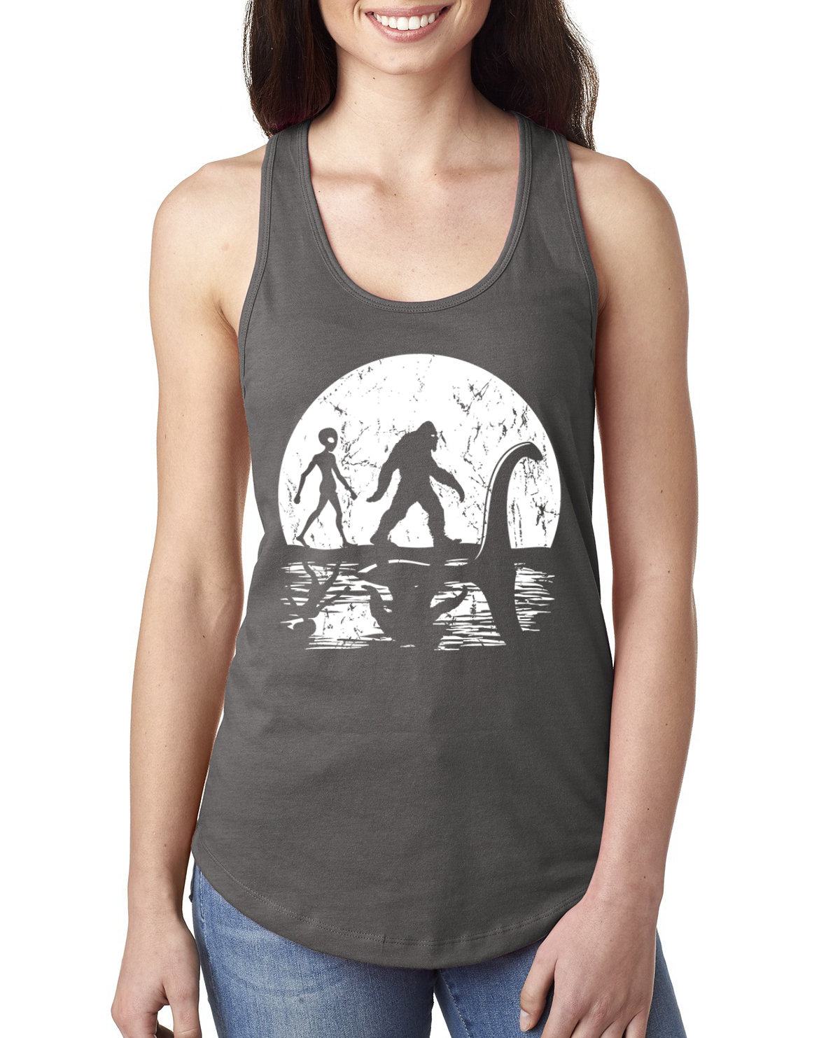 Moon Silhoutte Bigfoot Shadow Big 3 Myths Ladies Racerback Tank Top - Picture 10 of 15