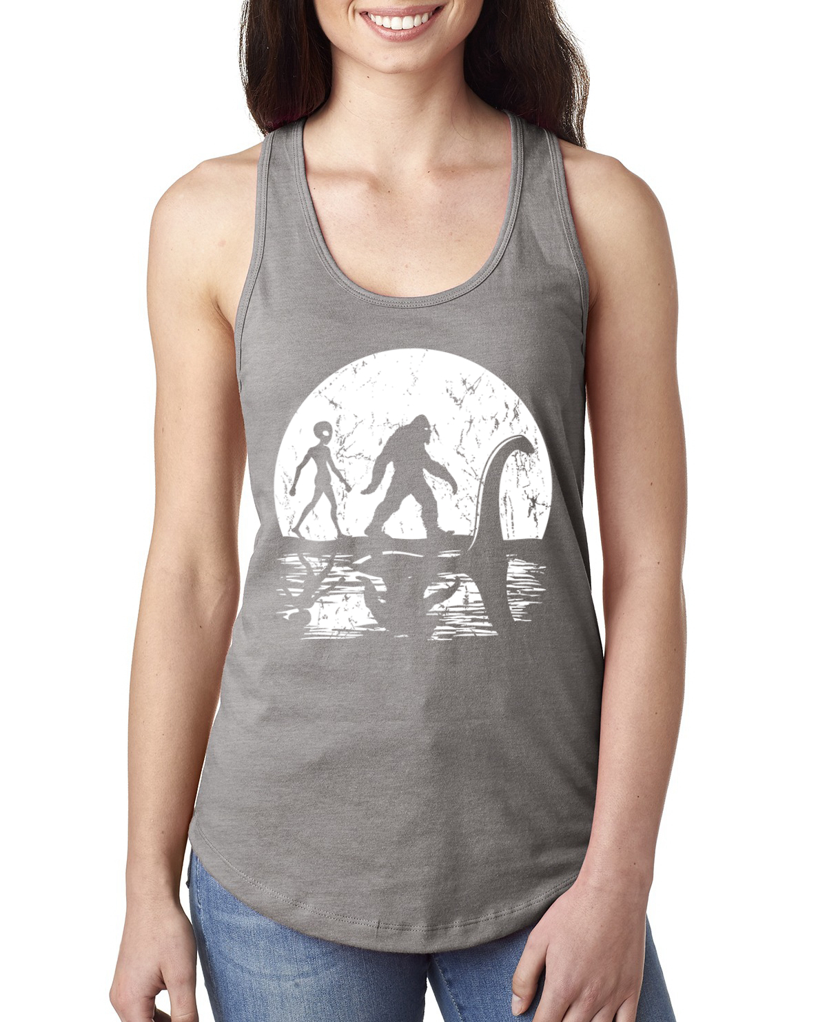 Moon Silhoutte Bigfoot Shadow Big 3 Myths Ladies Racerback Tank Top - Picture 4 of 15
