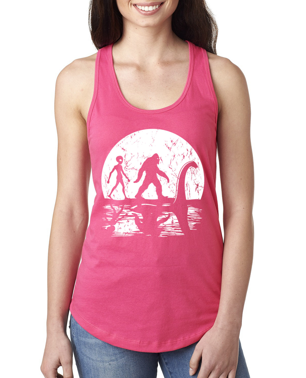 Moon Silhoutte Bigfoot Shadow Big 3 Myths Ladies Racerback Tank Top - Picture 11 of 15