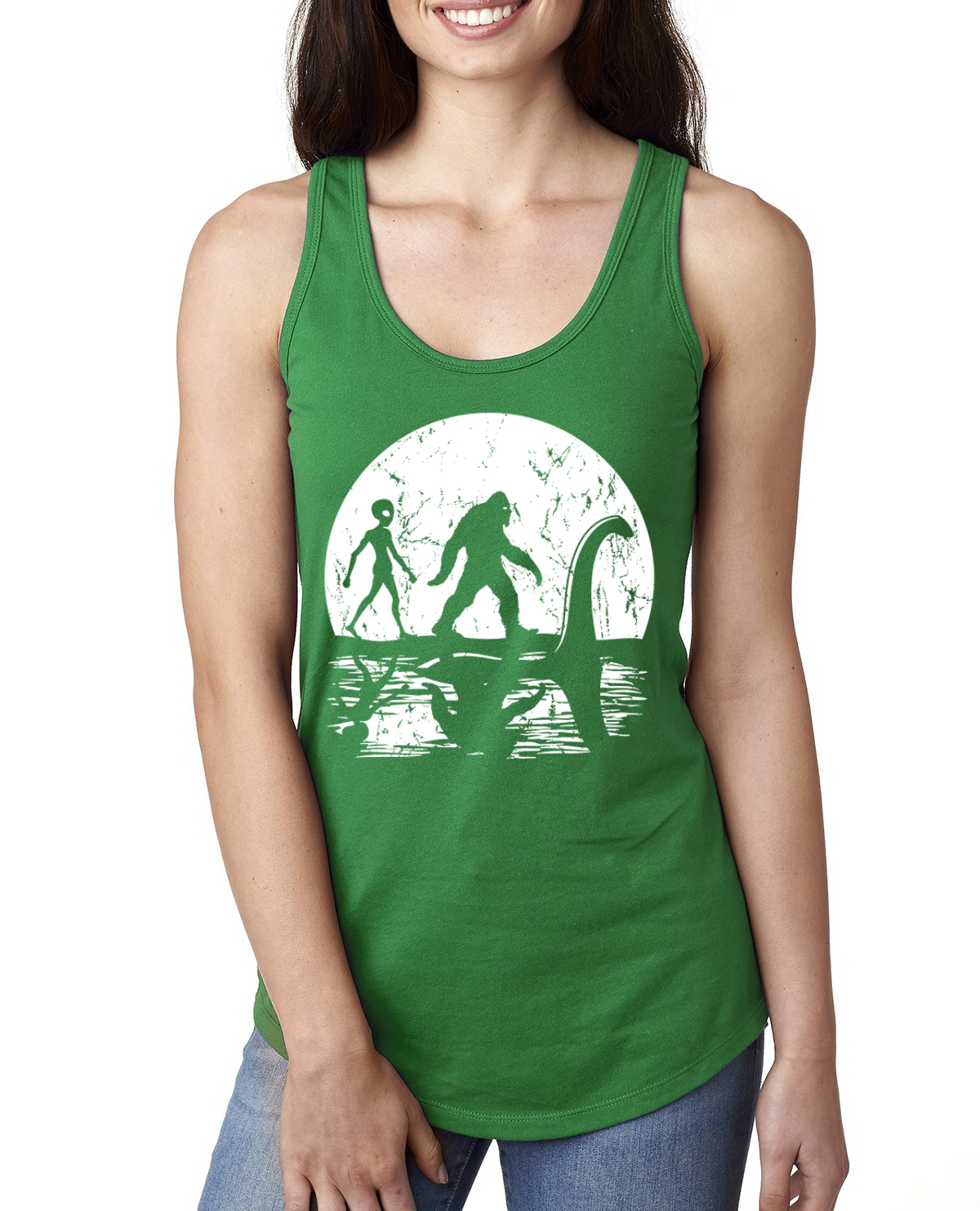 Moon Silhoutte Bigfoot Shadow Big 3 Myths Ladies Racerback Tank Top - Picture 5 of 15