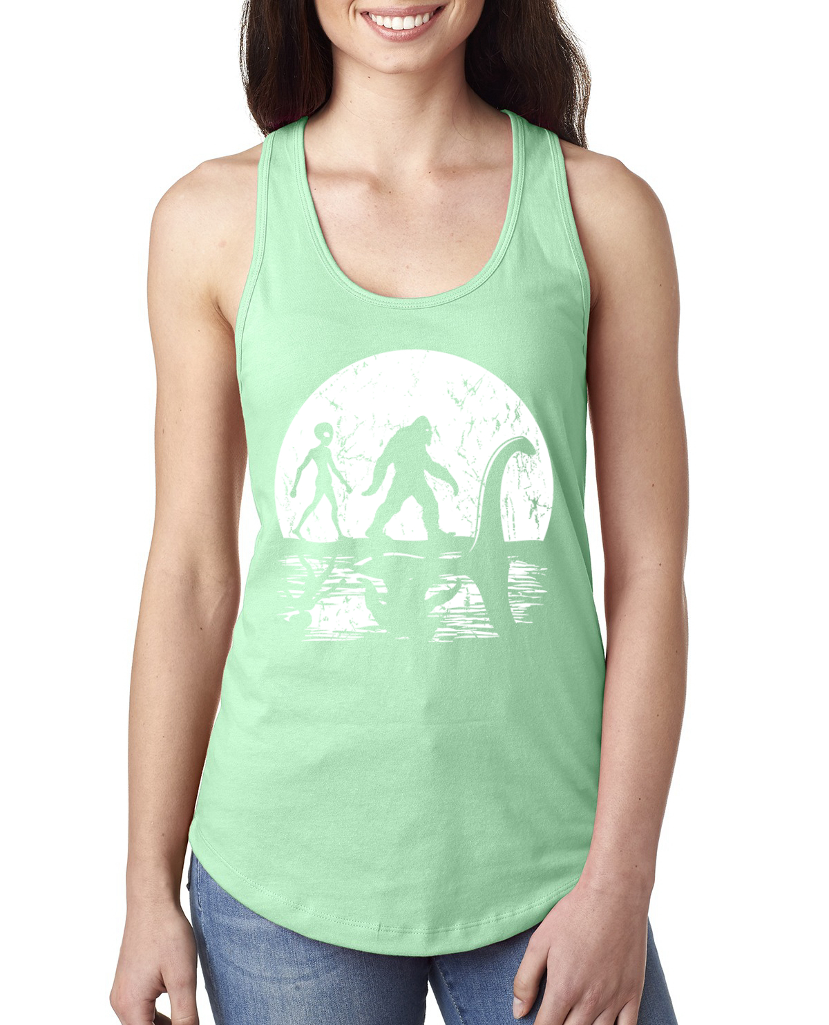 Moon Silhoutte Bigfoot Shadow Big 3 Myths Ladies Racerback Tank Top - Picture 12 of 15