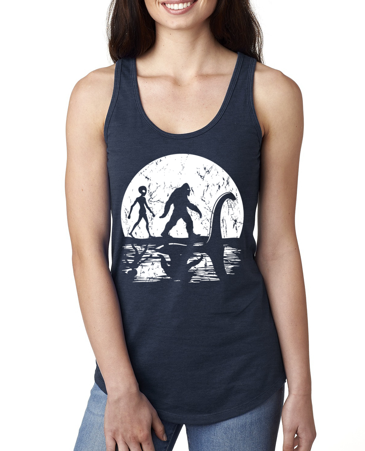 Moon Silhoutte Bigfoot Shadow Big 3 Myths Ladies Racerback Tank Top - Picture 6 of 15