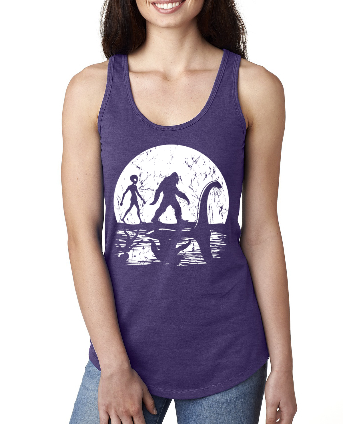 Moon Silhoutte Bigfoot Shadow Big 3 Myths Ladies Racerback Tank Top - Picture 13 of 15