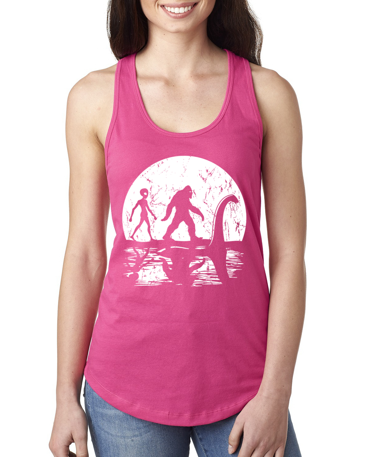 Moon Silhoutte Bigfoot Shadow Big 3 Myths Ladies Racerback Tank Top - Picture 14 of 15