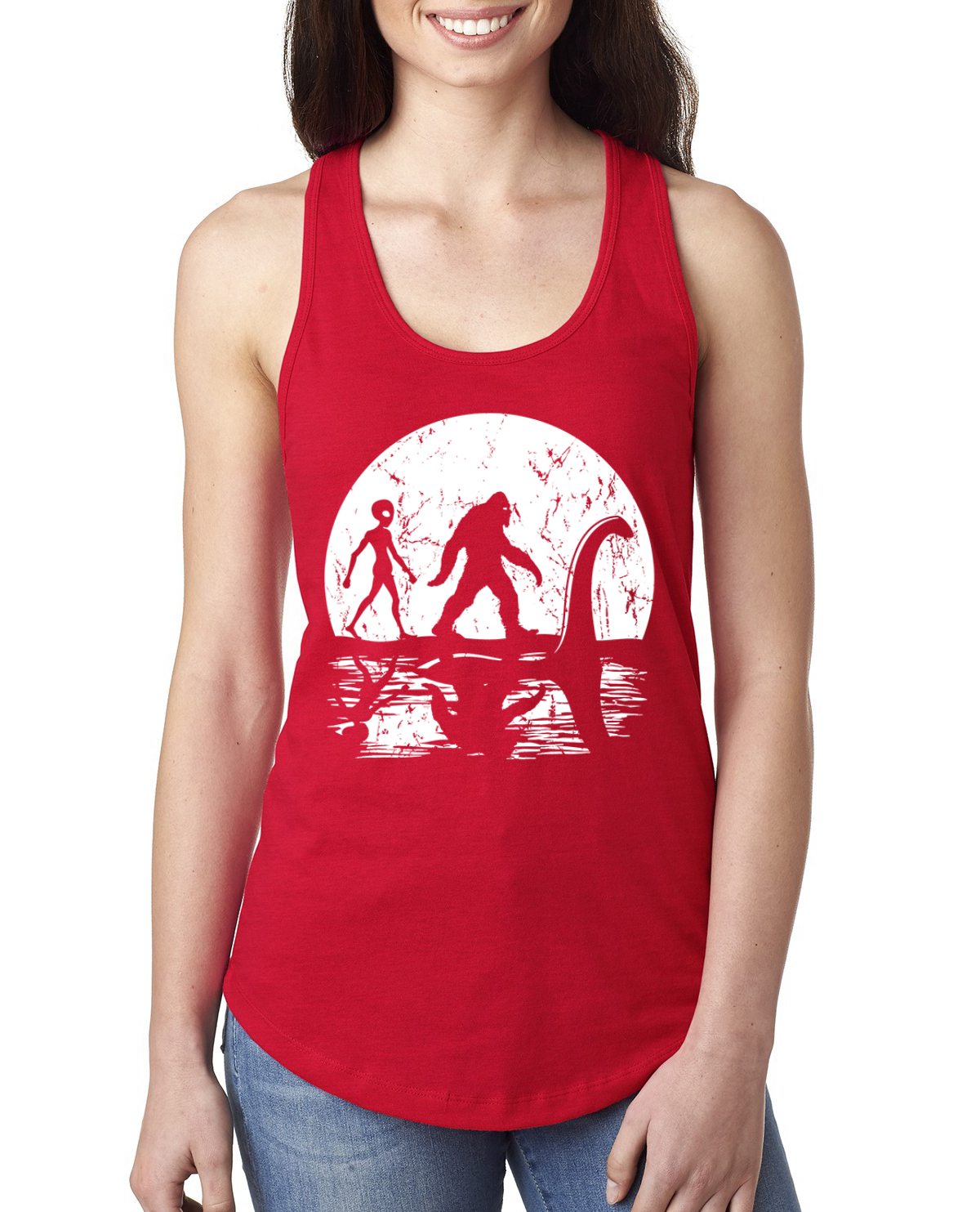 Moon Silhoutte Bigfoot Shadow Big 3 Myths Ladies Racerback Tank Top - Picture 7 of 15