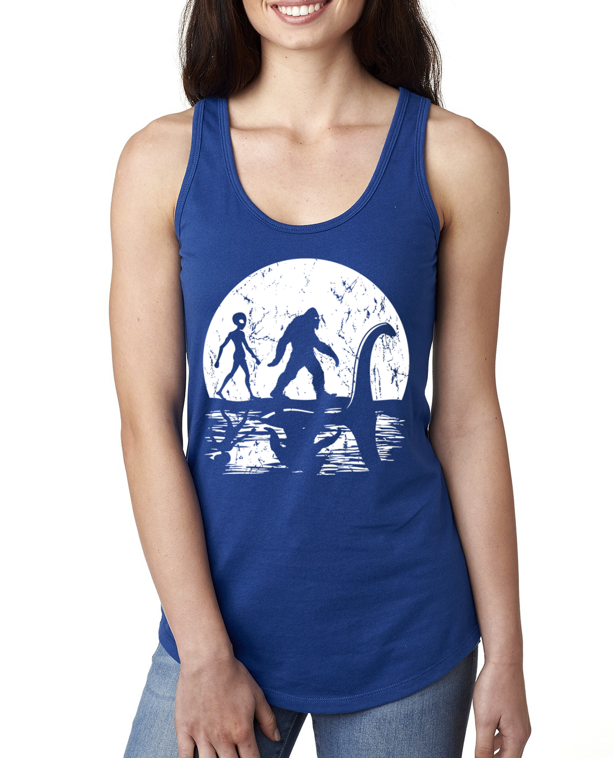 Moon Silhoutte Bigfoot Shadow Big 3 Myths Ladies Racerback Tank Top - Picture 8 of 15