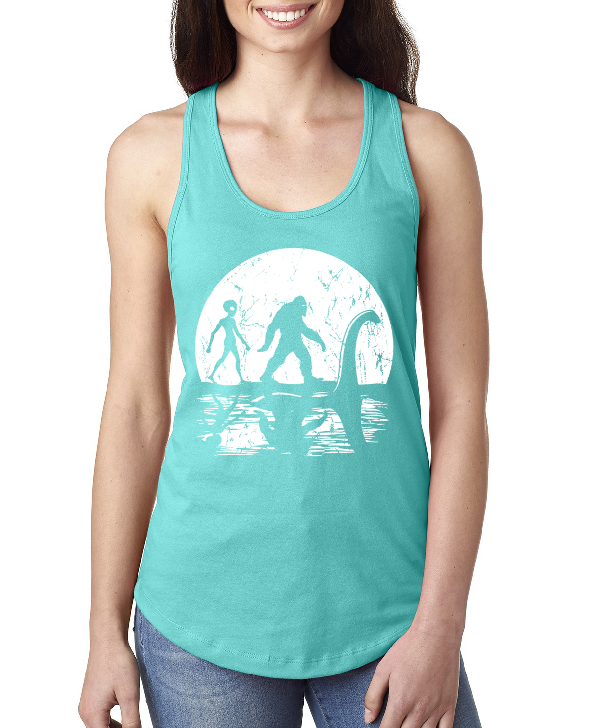 Moon Silhoutte Bigfoot Shadow Big 3 Myths Ladies Racerback Tank Top - Picture 15 of 15