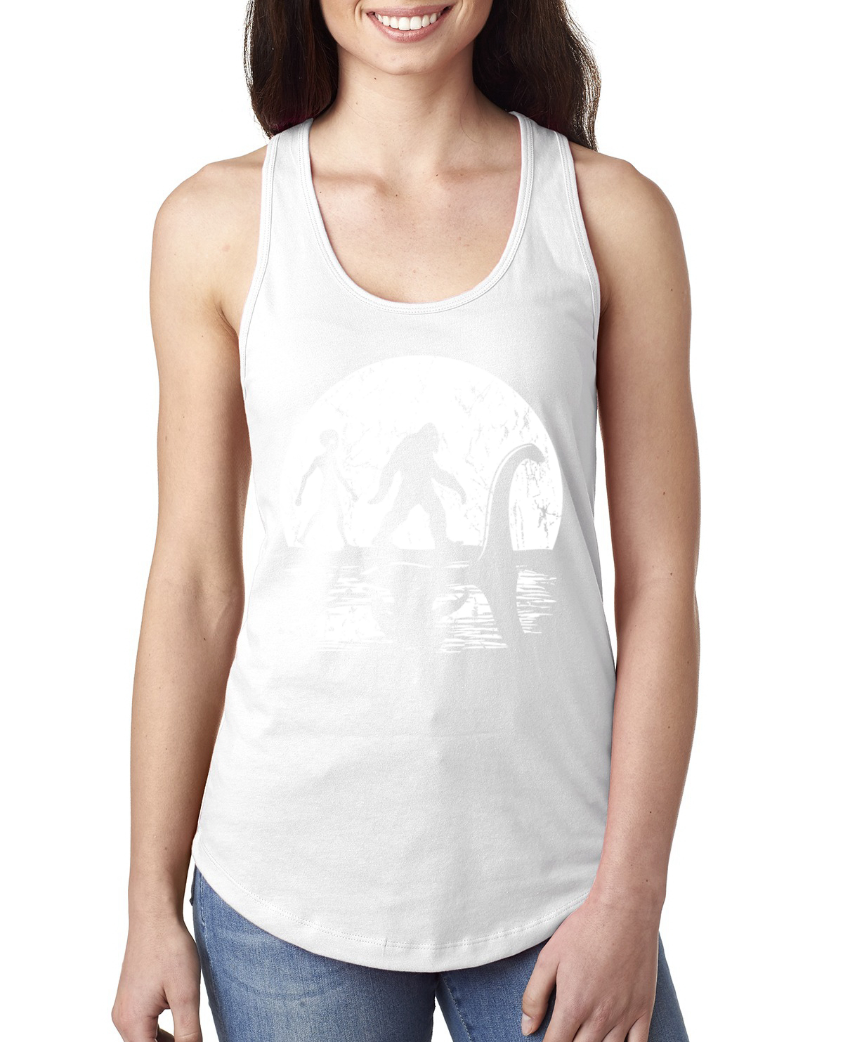 Moon Silhoutte Bigfoot Shadow Big 3 Myths Ladies Racerback Tank Top - Picture 9 of 15