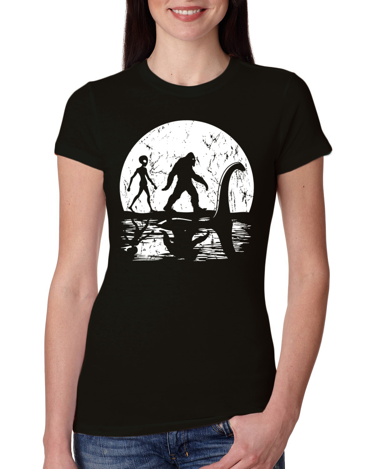 Moon Silhoutte Bigfoot Shadow Big 3 Myths Women Slim Fit Junior Tee - Picture 3 of 15