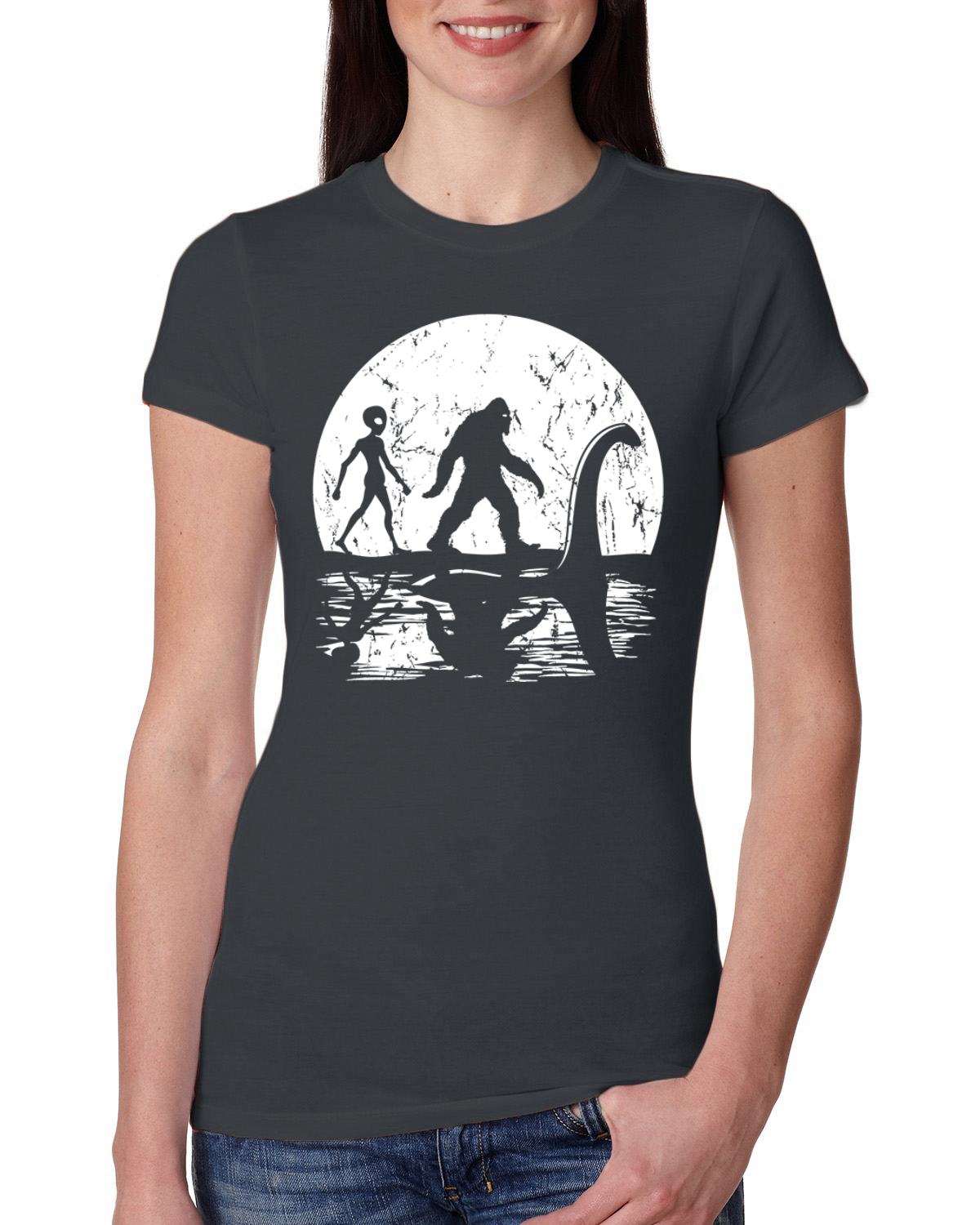 Moon Silhoutte Bigfoot Shadow Big 3 Myths Women Slim Fit Junior Tee - Picture 10 of 15