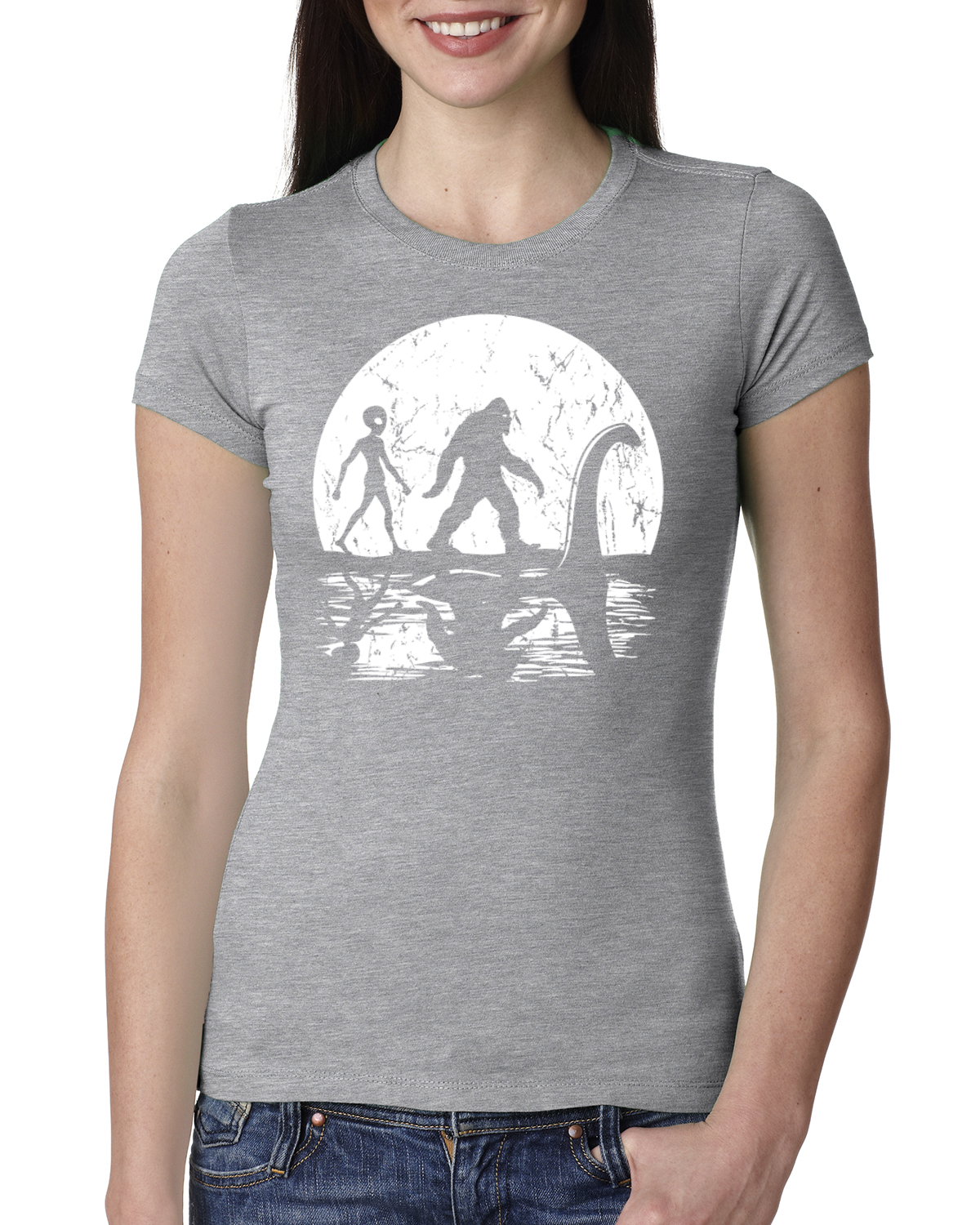 Moon Silhoutte Bigfoot Shadow Big 3 Myths Women Slim Fit Junior Tee - Picture 4 of 15