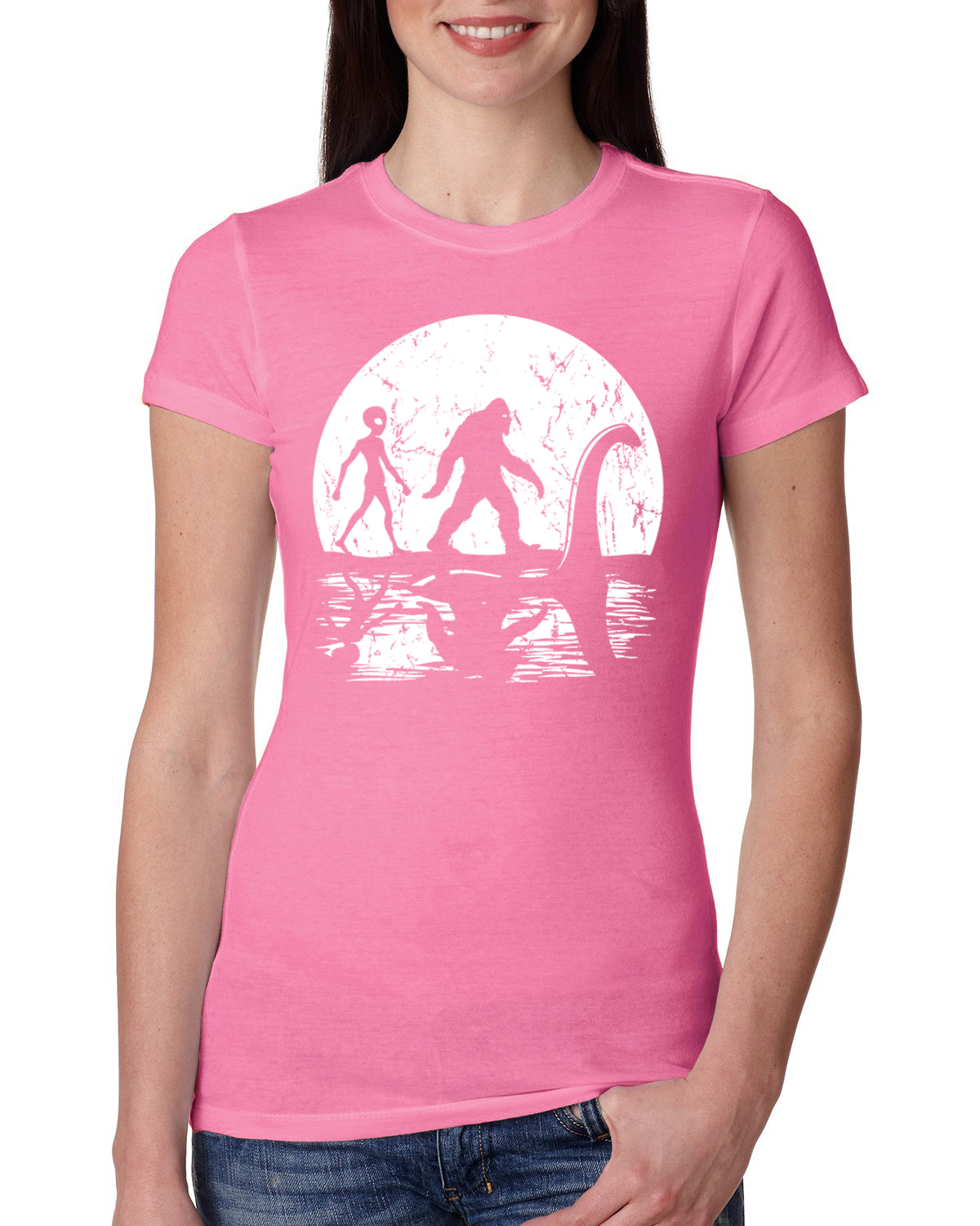 Moon Silhoutte Bigfoot Shadow Big 3 Myths Women Slim Fit Junior Tee - Picture 11 of 15