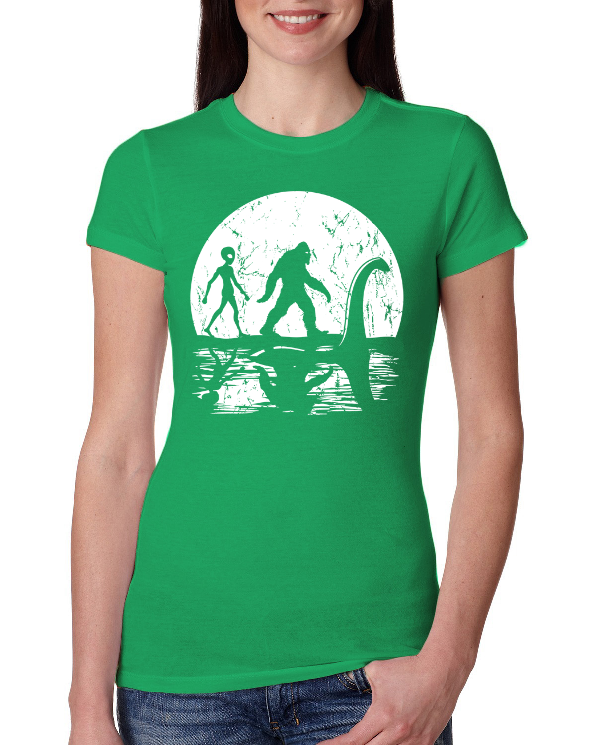 Moon Silhoutte Bigfoot Shadow Big 3 Myths Women Slim Fit Junior Tee - Picture 5 of 15