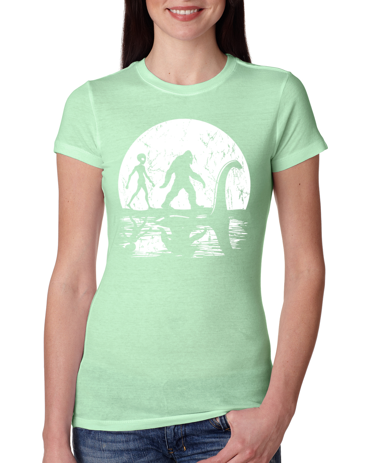 Moon Silhoutte Bigfoot Shadow Big 3 Myths Women Slim Fit Junior Tee - Picture 12 of 15