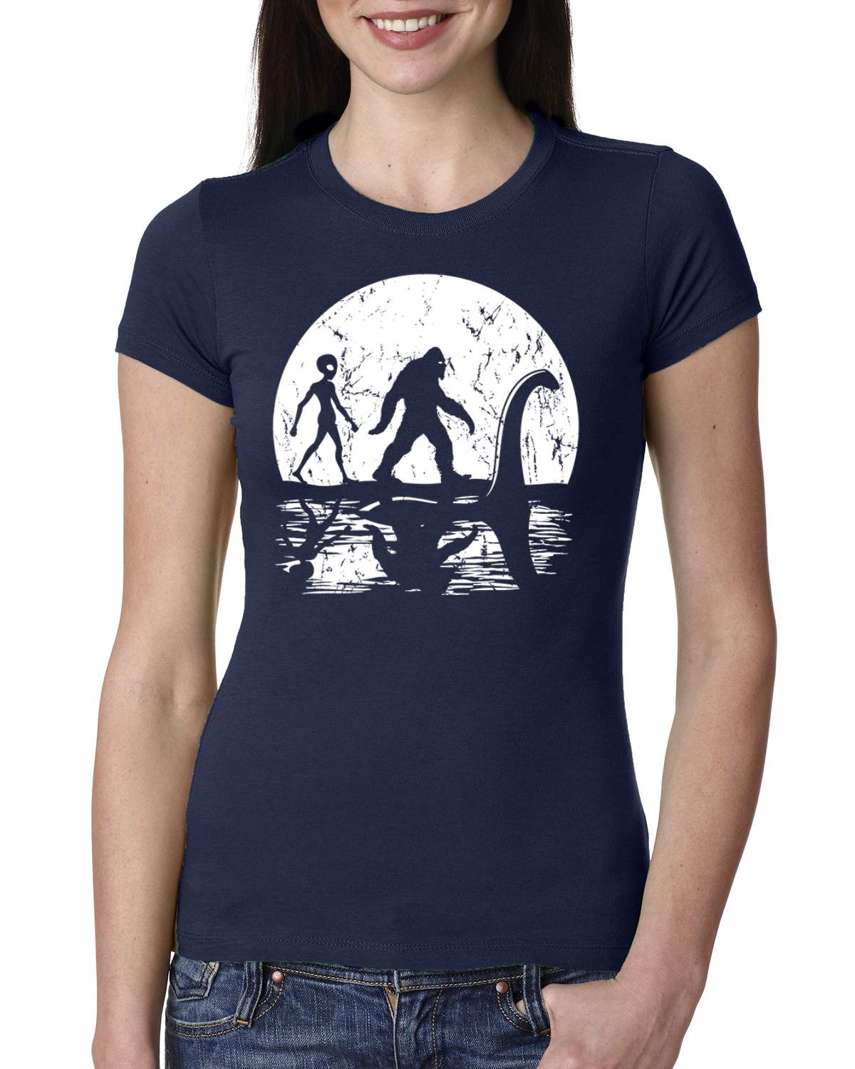 Moon Silhoutte Bigfoot Shadow Big 3 Myths Women Slim Fit Junior Tee - Picture 6 of 15
