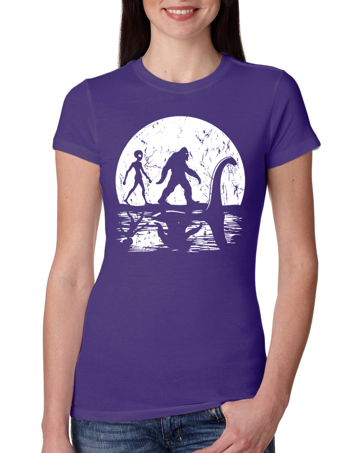 Moon Silhoutte Bigfoot Shadow Big 3 Myths Women Slim Fit Junior Tee - Picture 13 of 15