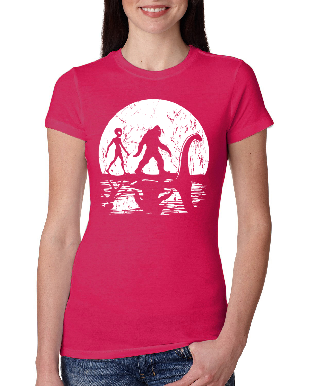 Moon Silhoutte Bigfoot Shadow Big 3 Myths Women Slim Fit Junior Tee - Picture 14 of 15