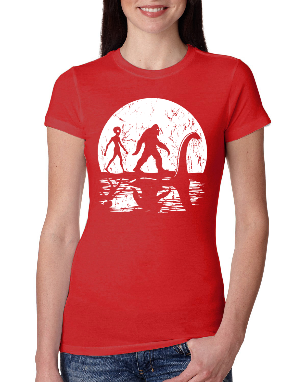 Moon Silhoutte Bigfoot Shadow Big 3 Myths Women Slim Fit Junior Tee - Picture 7 of 15