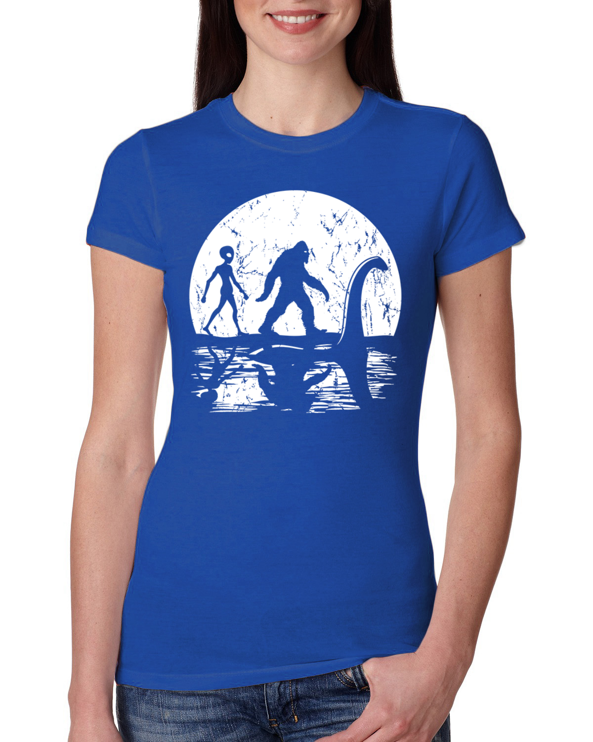 Moon Silhoutte Bigfoot Shadow Big 3 Myths Women Slim Fit Junior Tee - Picture 8 of 15