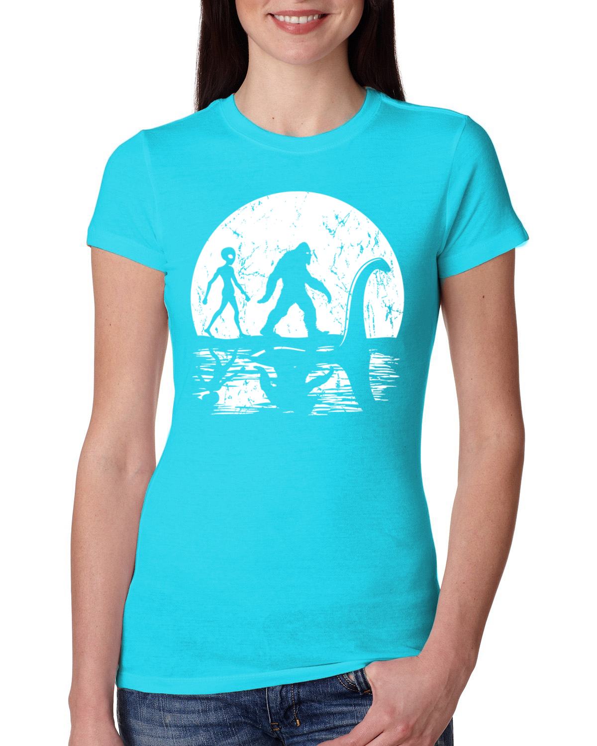 Moon Silhoutte Bigfoot Shadow Big 3 Myths Women Slim Fit Junior Tee - Picture 15 of 15