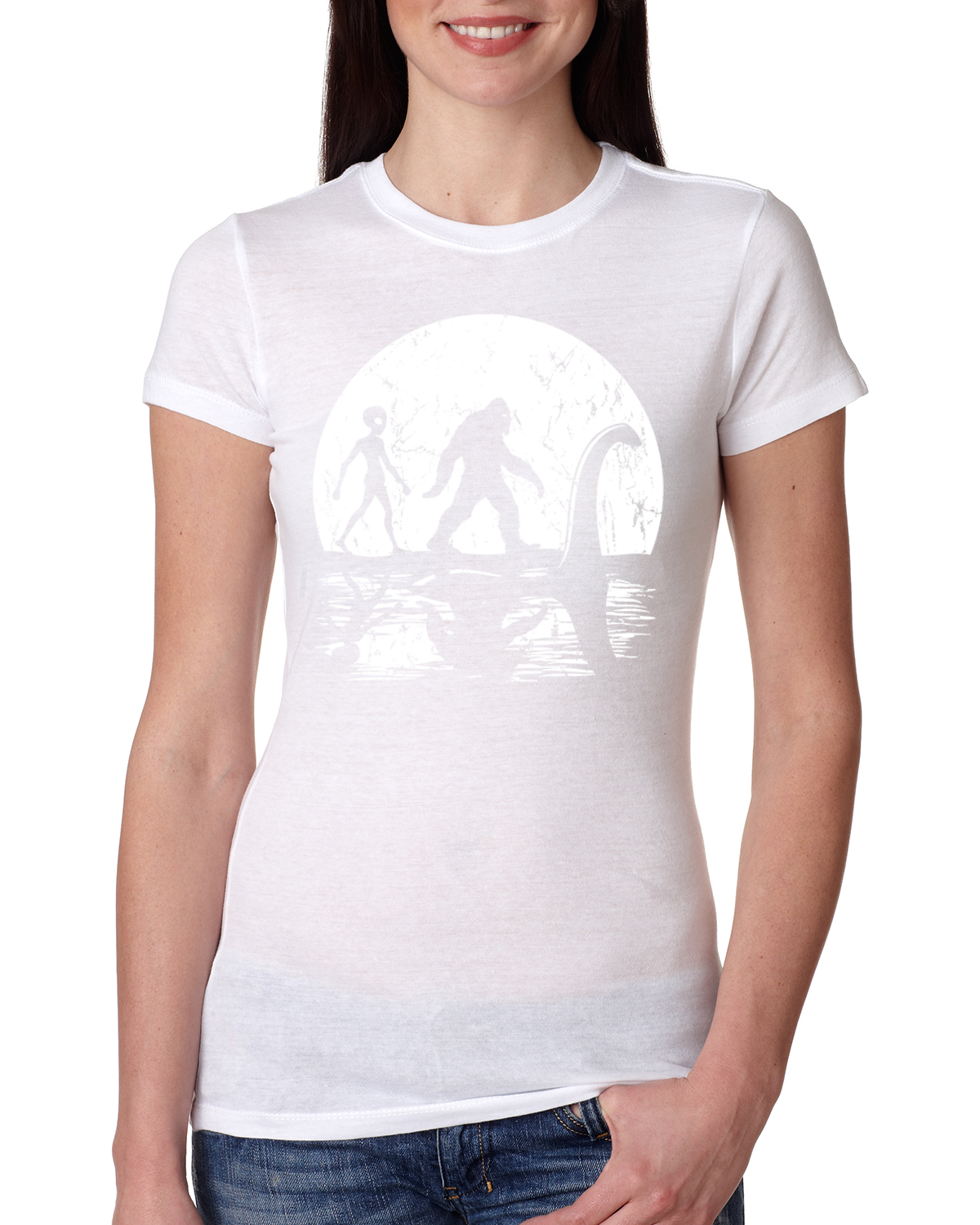 Moon Silhoutte Bigfoot Shadow Big 3 Myths Women Slim Fit Junior Tee - Picture 9 of 15