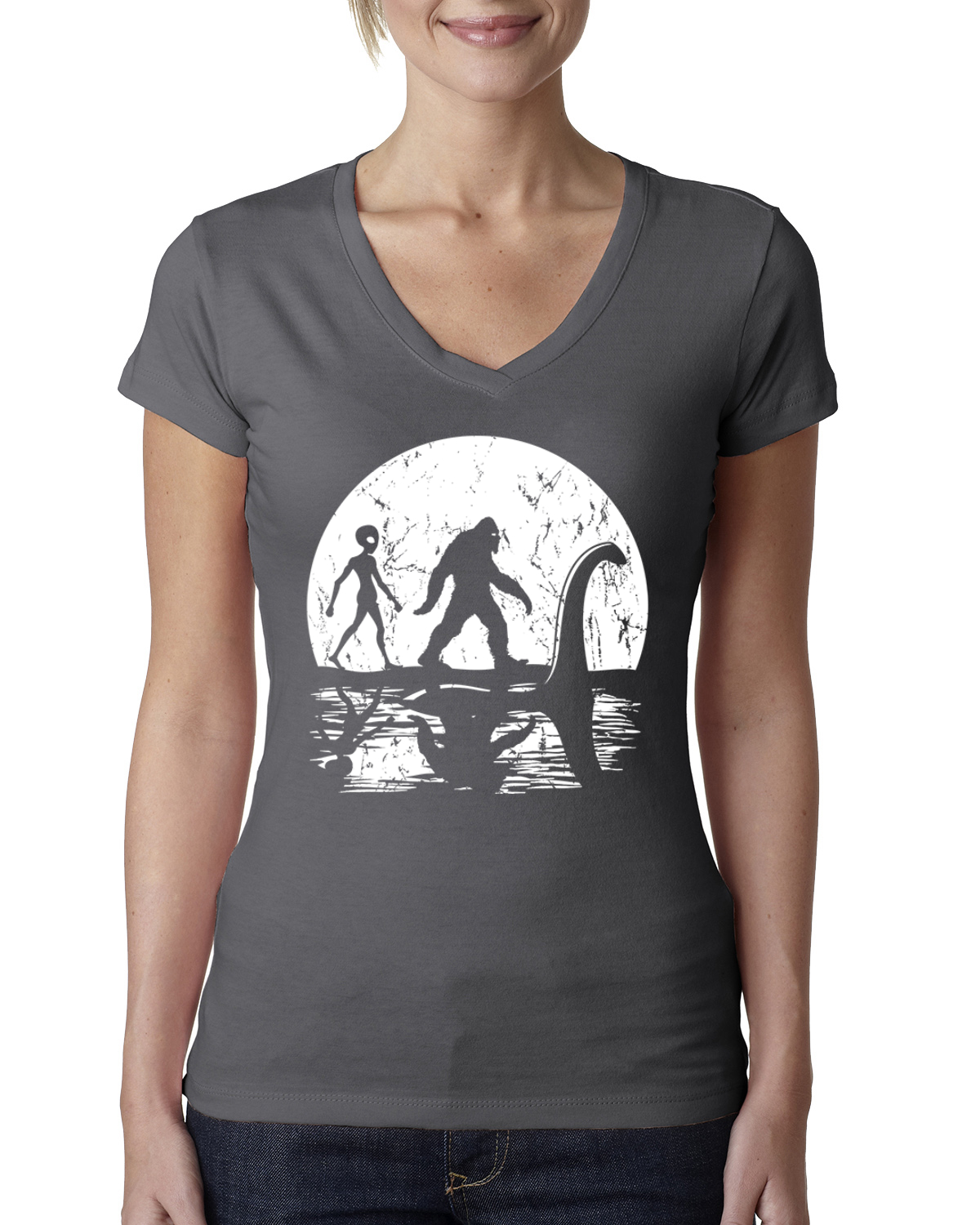 Moon Silhoutte Bigfoot Shadow Big 3 Myths Women Junior Fit V-Neck Tee - Picture 9 of 13